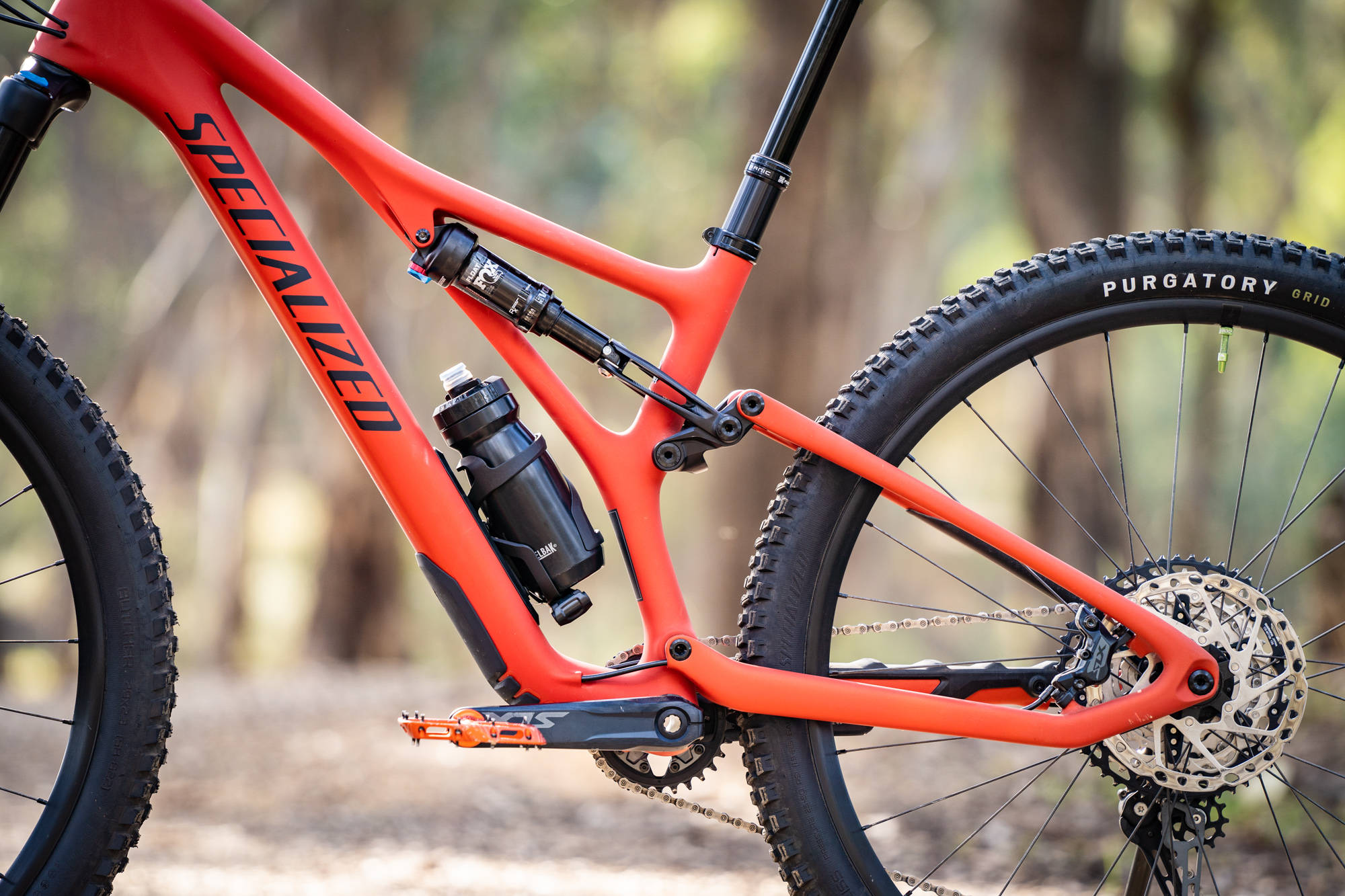 橙色 Specialized 自行車車架 壁紙 — 一輛鮮橙色的Specialized山地單車，配備黑色輪胎和避震系統，佇立在陽光普照的森林小徑上。