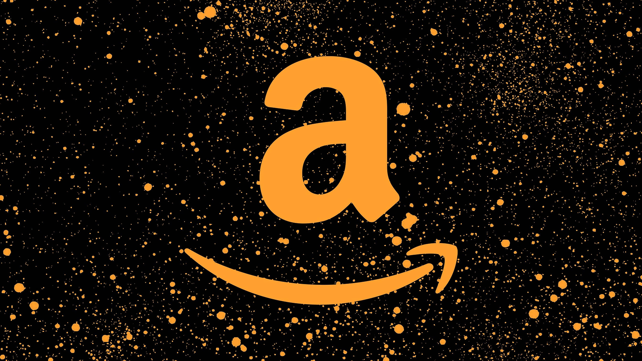 橙色Amazon圖標 壁紙 — 大膽的橙色亞馬遜標誌，帶有微笑箭頭，黑色背景上散佈著金色圓點。