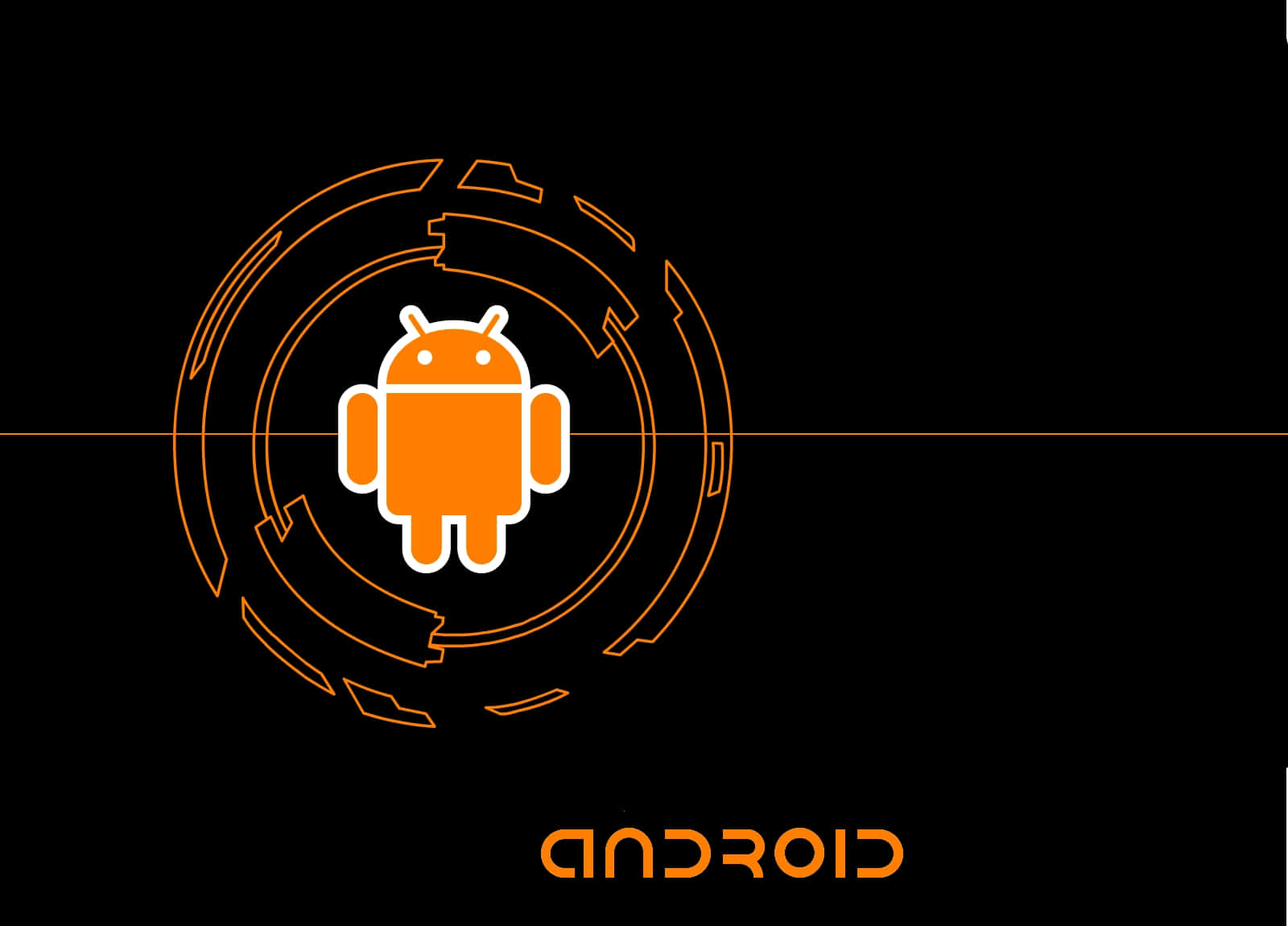 Android Computer 桌布 壁紙 — 橙色Android機械人圖示置於黑色背景上發光的圓形線條中央，下方有'ANDROID'文字。