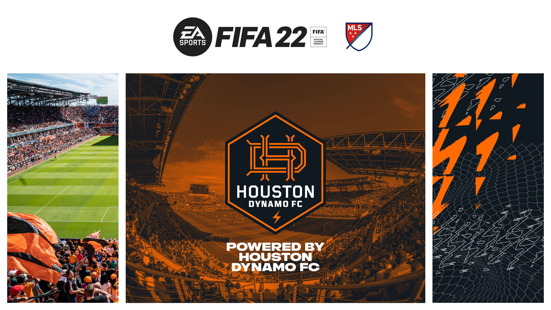 FIFA 22 遊戲封面，帶有侯斯頓戴拿模FC品牌和球場視覺效果。