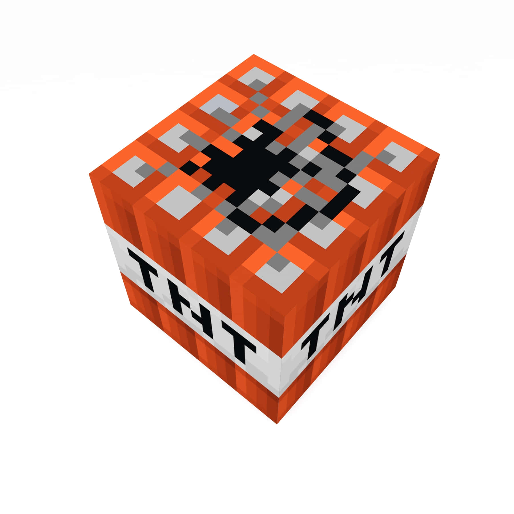 橙色像素化 Minecraft TNT 方塊，帶有黑色爆炸圖案和白色帶。