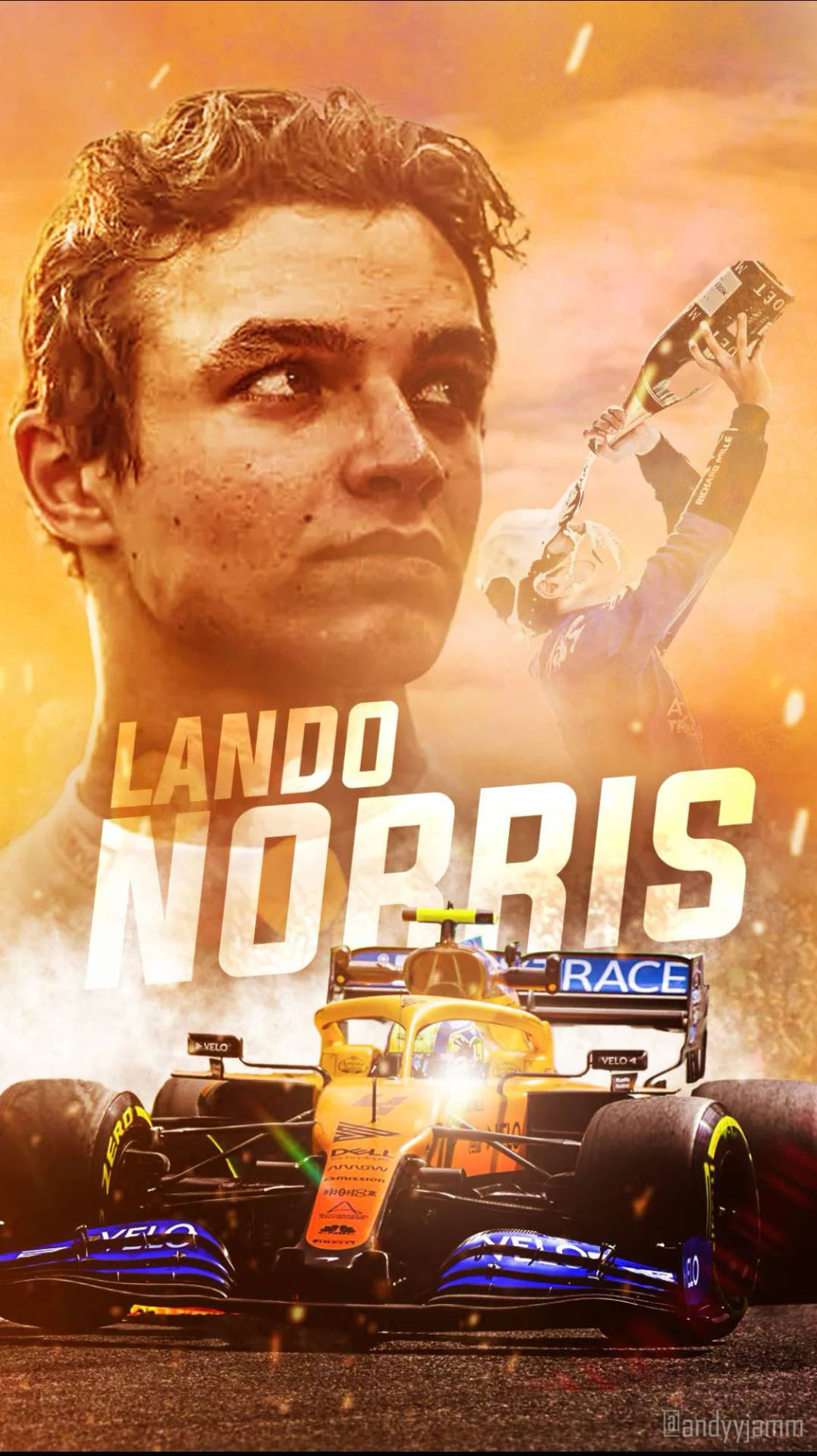 橙色主題蘭多·諾里斯海報 壁紙 — 一張動感賽車海報， featuring Lando Norris 駕駛麥拿侖一級方程式賽車，背景是金色日落和慶祝香檳噴灑。
