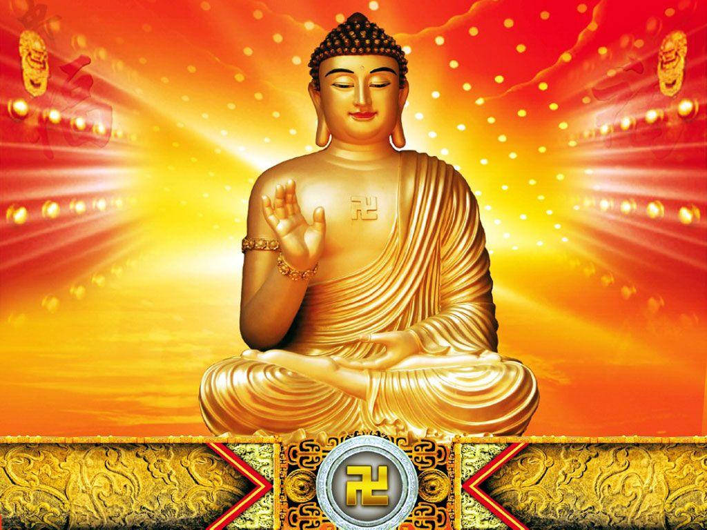 金色佛像呈冥想姿勢，帶有光芒和裝飾性邊框。