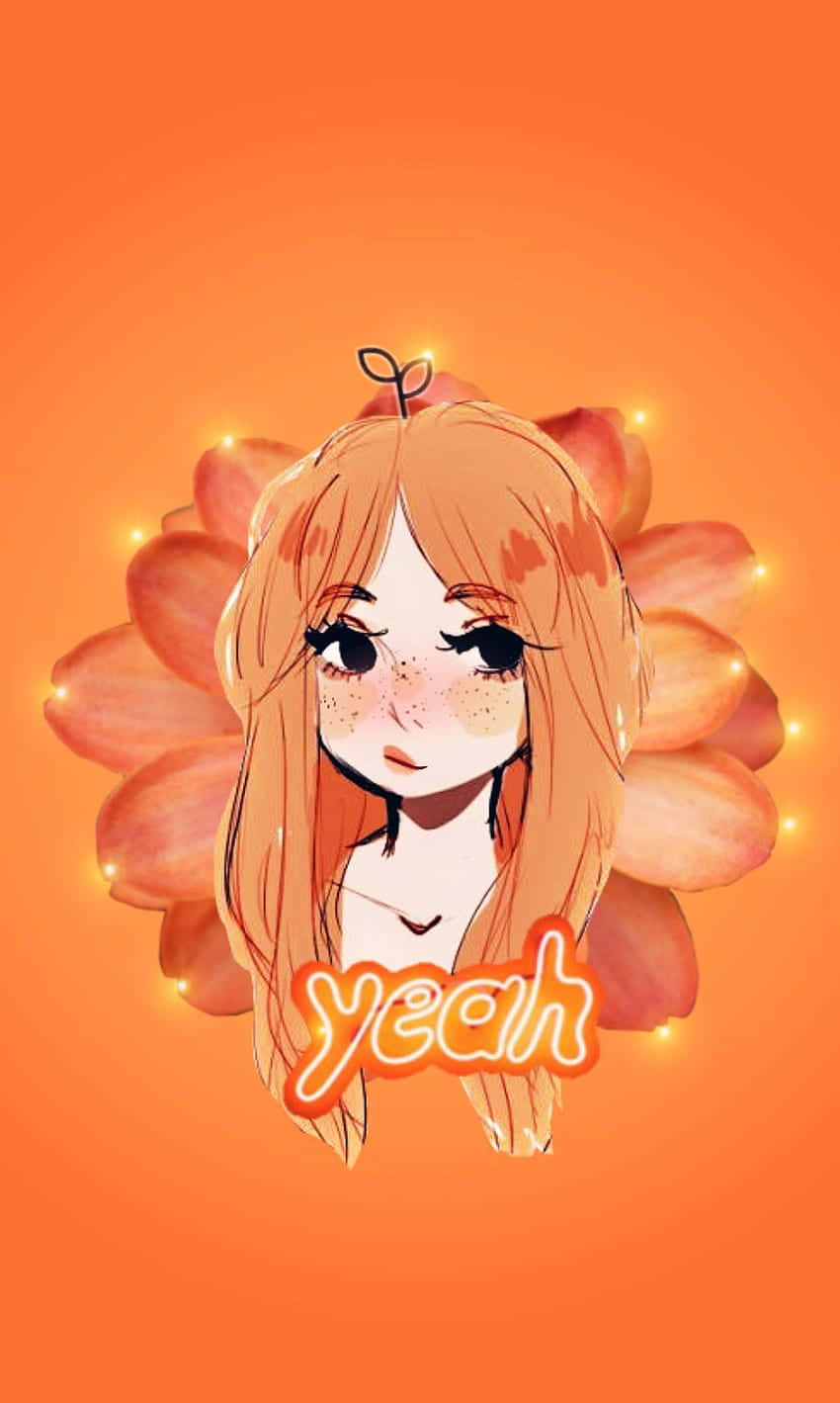 擁有橙色頭髮和雀斑的動漫女孩，被帶有「yeah」文字的發光花瓣包圍。