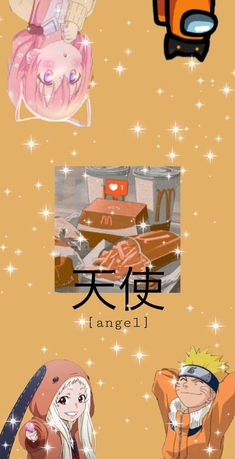 動漫角色和流行文化圖標在閃爍的金色背景上，帶有天使一詞。