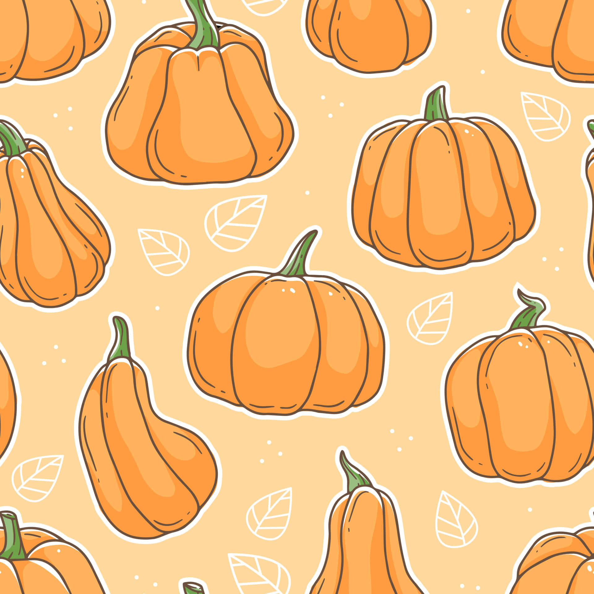 Cute Orange 桌布 壁紙 — 橙色南瓜配綠色莖和白色葉子輪廓在溫暖的米色背景上以俏皮的圖案重複。