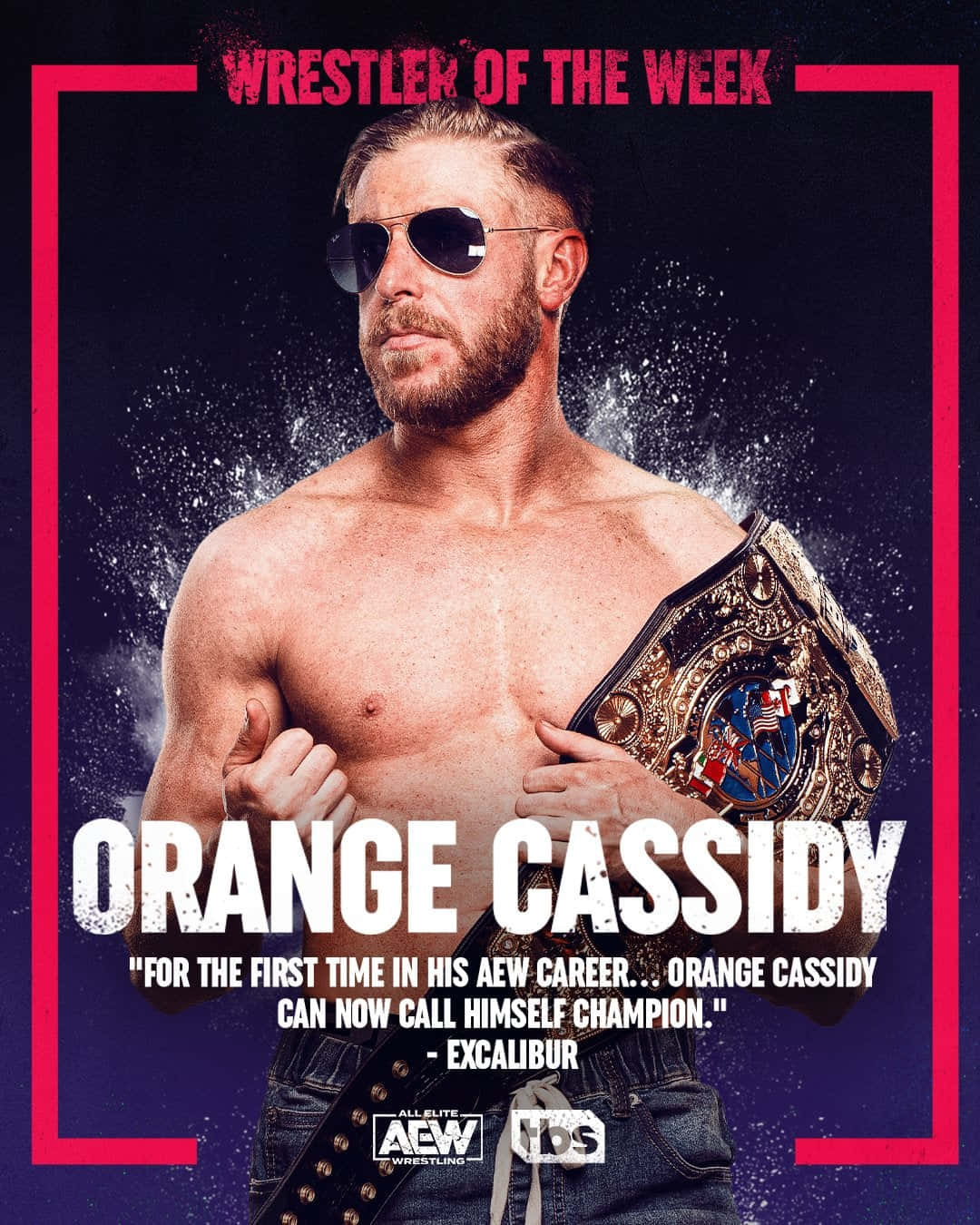 摔角手 Orange Cassidy 在宇宙背景和紅色邊框中手持冠軍腰帶。