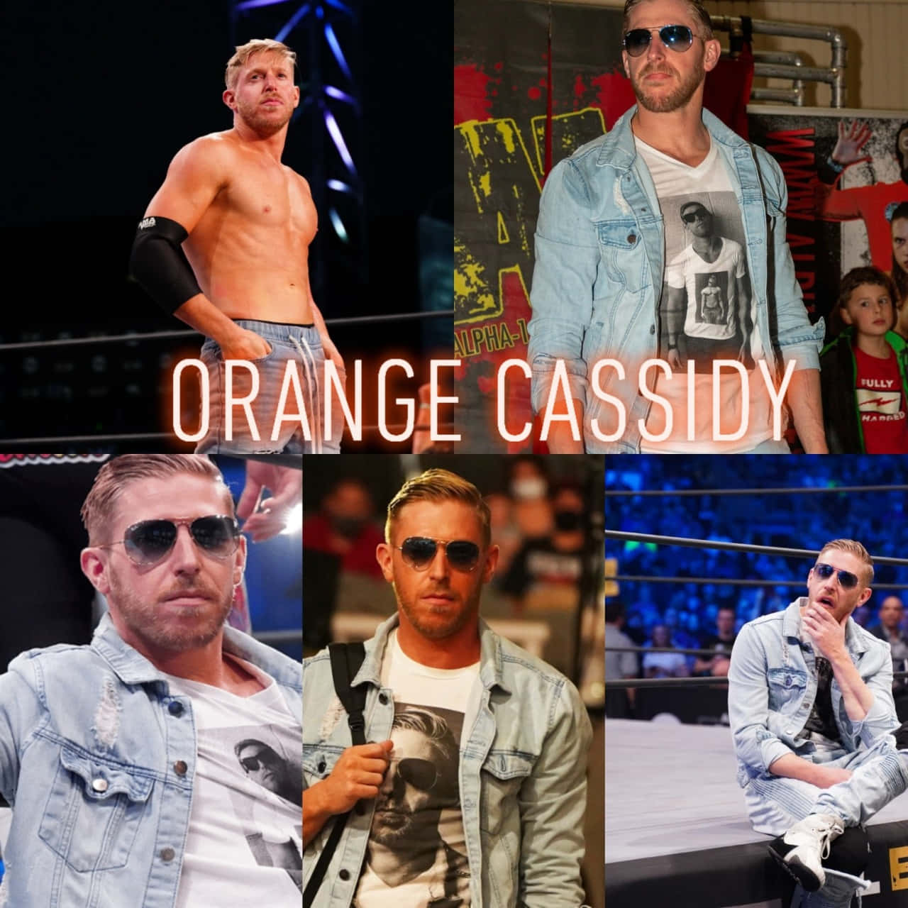 摔角手 Orange Cassidy 穿著牛仔外套和太陽眼鏡，在擂台和人群中擺姿勢。