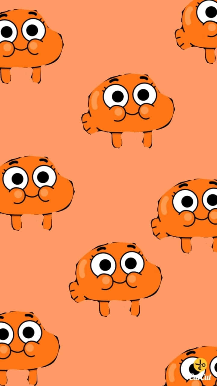 the amazing world of gumball 桌布 壁紙 — 橙色卡通角色，有大眼睛和笑容，在純色蜜桃背景上重複出現。