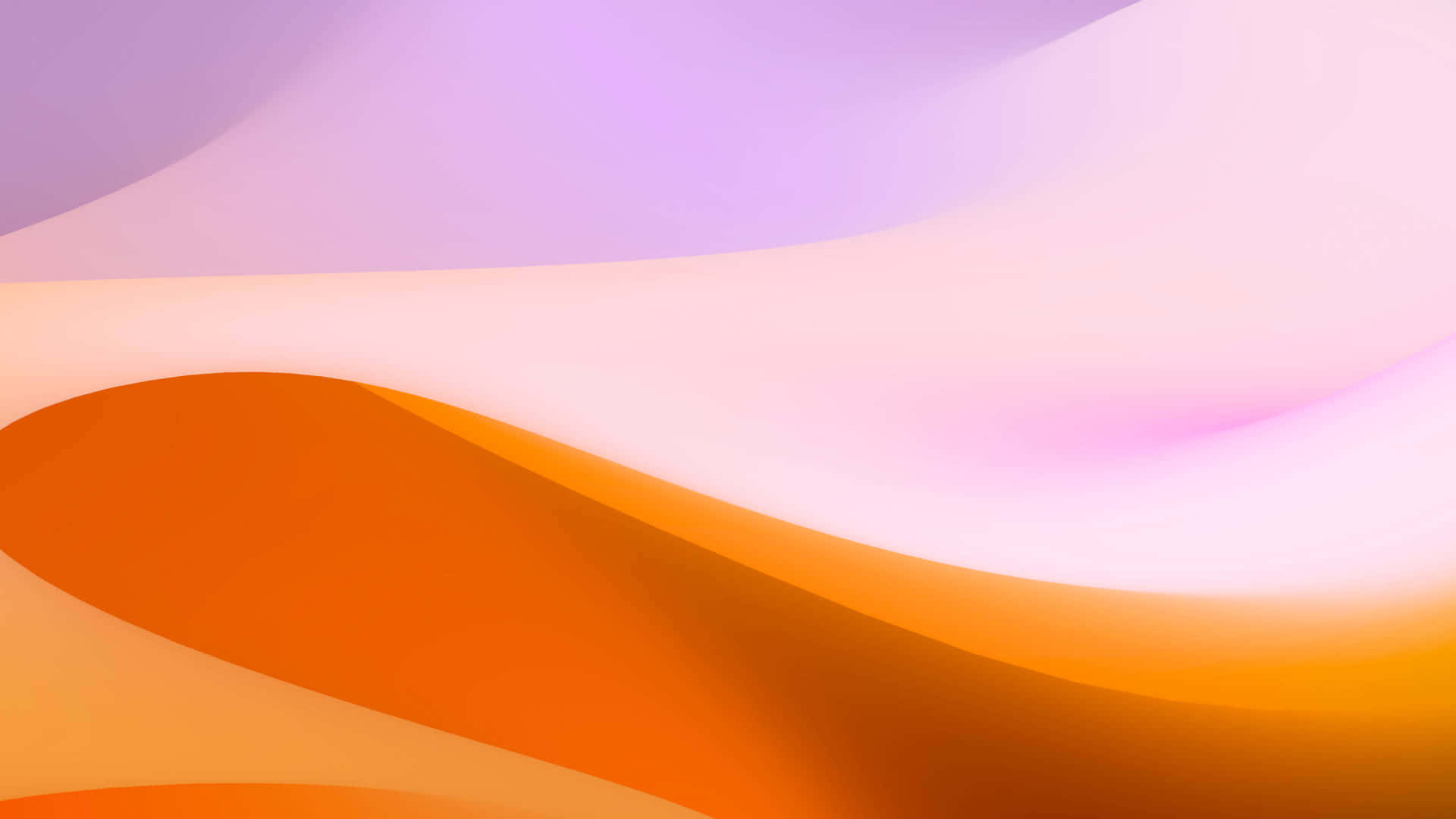 macOS 桌布 壁紙 — 橙色和薰衣草色的柔和流動波浪融合成夢幻漸變抽象背景。