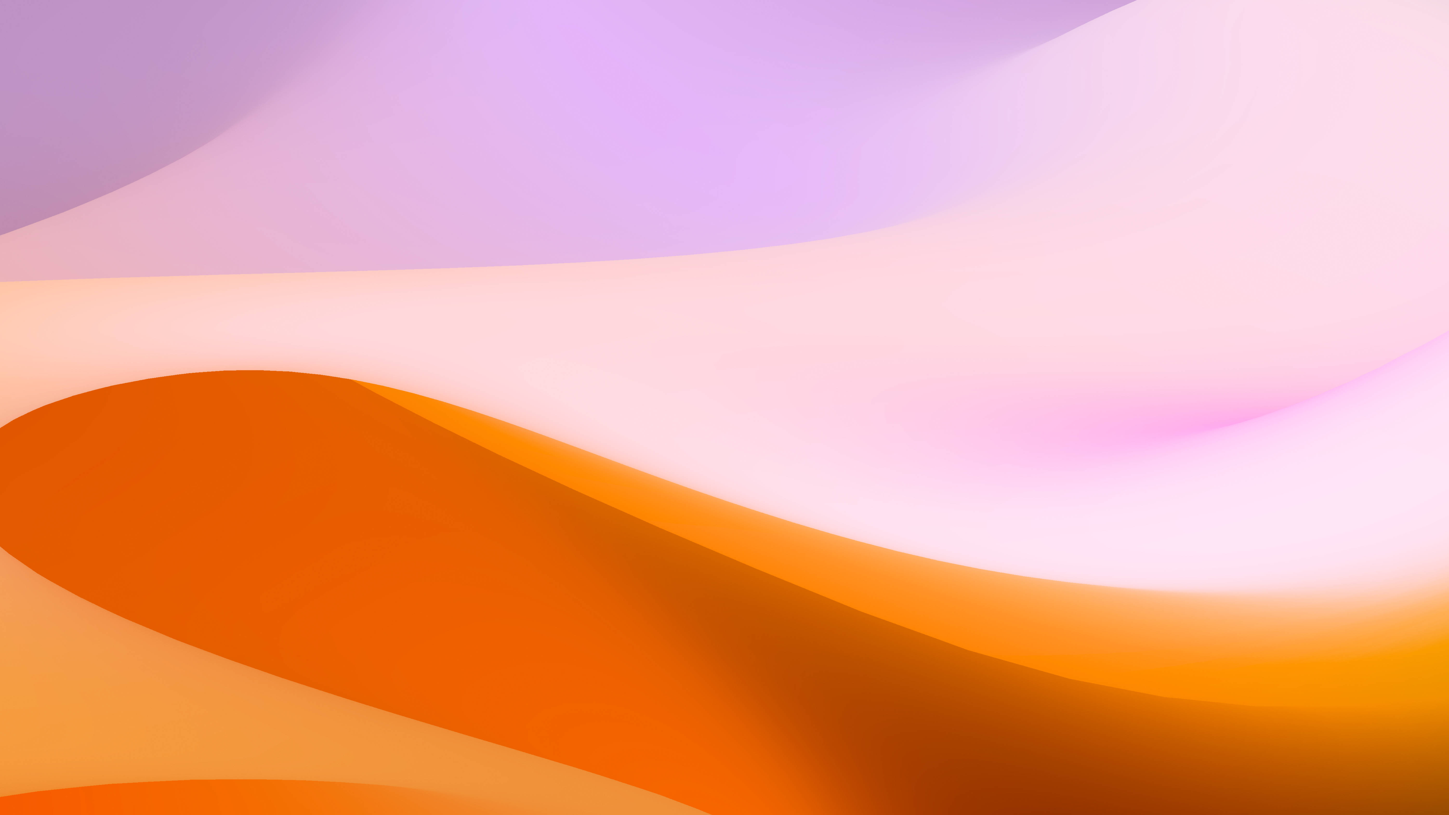Bliss macOS Monterey 壁紙 — 橙色和薰衣草色的柔和流動波浪融合成夢幻漸變抽象背景。