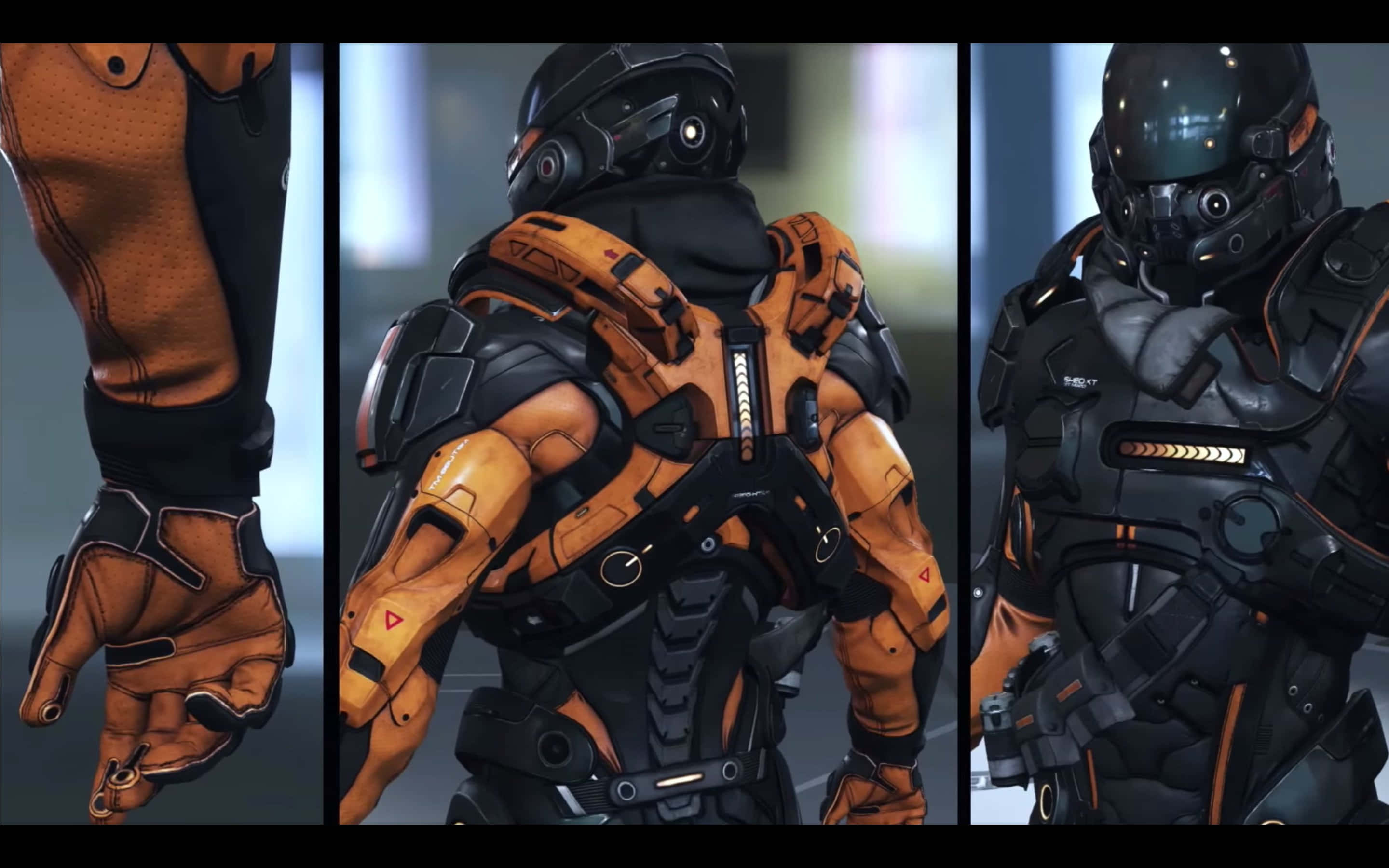 Mass Effect Andromeda 桌布 壁紙 — 橙色和黑色未來風格裝甲服的近距離三聯畫，帶有發光細節和戴頭盔的人物。