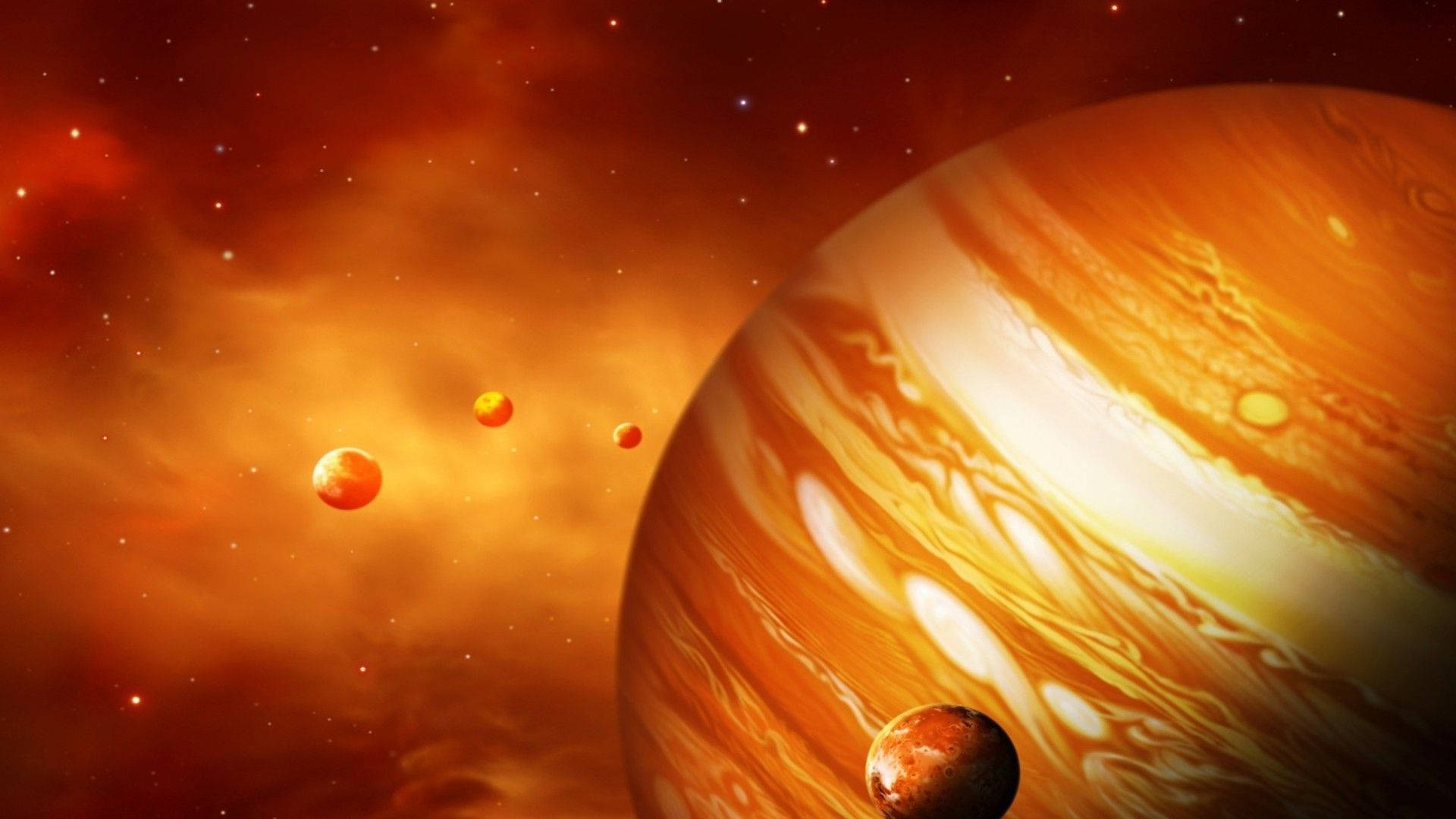 一個巨大的橙色和白色條紋行星，在熾熱的星雲中有較小的行星。