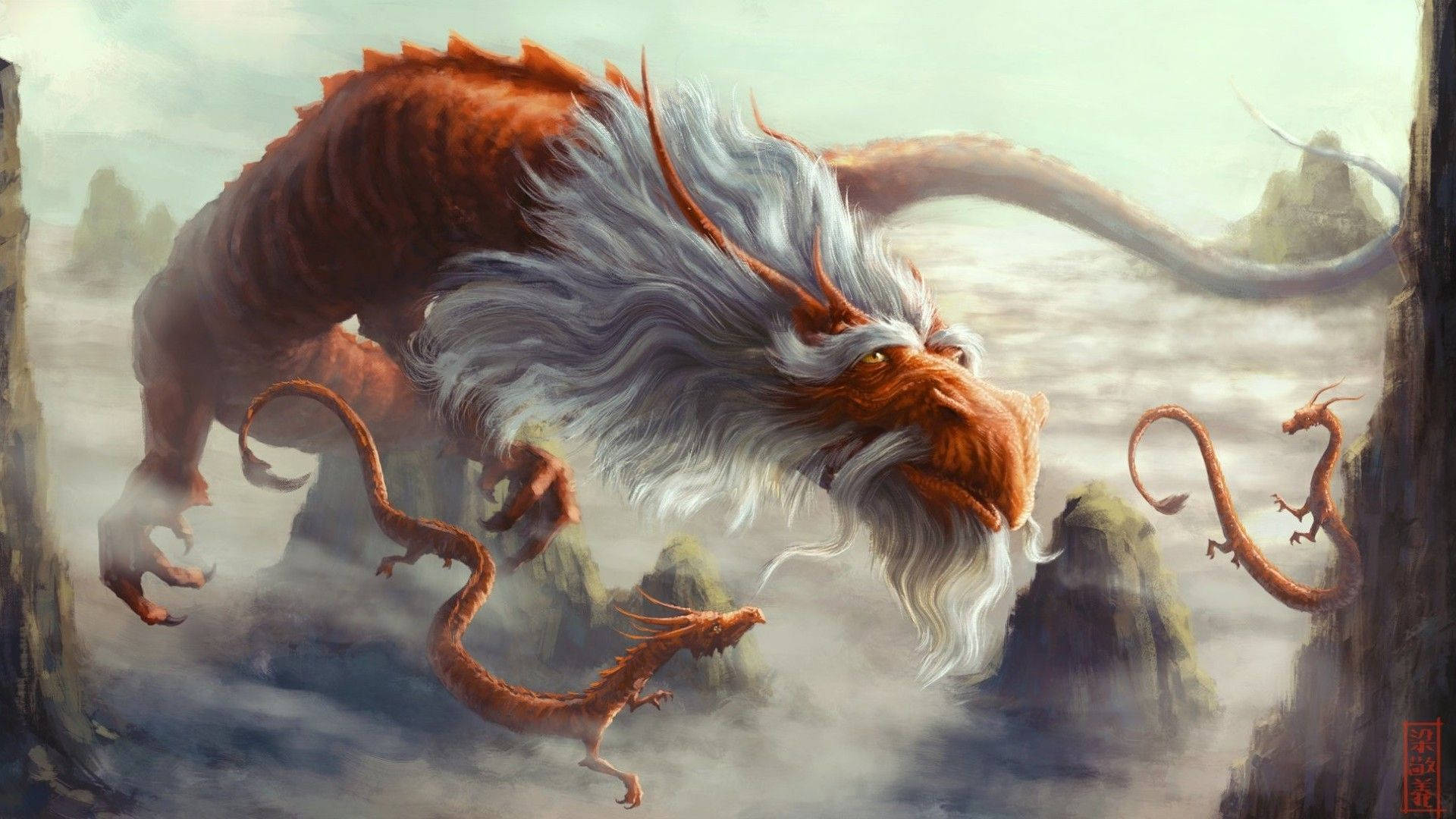 橙色土龍家族 壁紙 — 一隻雄偉的橙色龍，擁有飄逸的白色鬃毛，在霧氣繚繞的山峰間翱翔，身後跟著三條較小的龍。