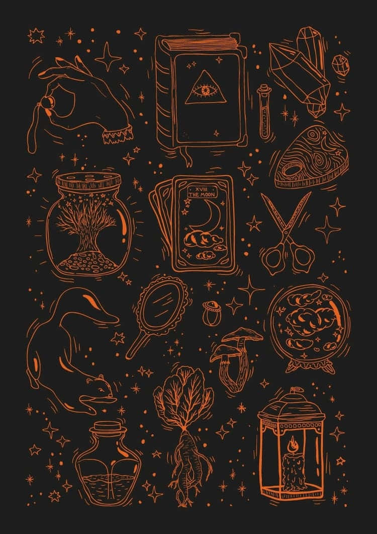 深色背景上嘅魔法物品同符號嘅橙色線條藝術。