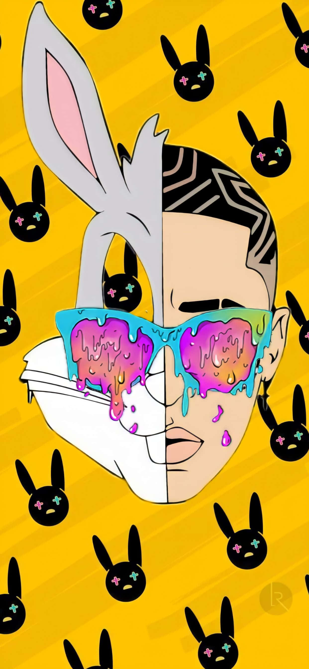 橙色夕陽映照寧靜海洋 壁紙 — 一幅分面插圖，描繪一個人和一隻兔子戴着融化彩虹太陽眼鏡，背景為黃色，帶有黑色兔子圖標。
