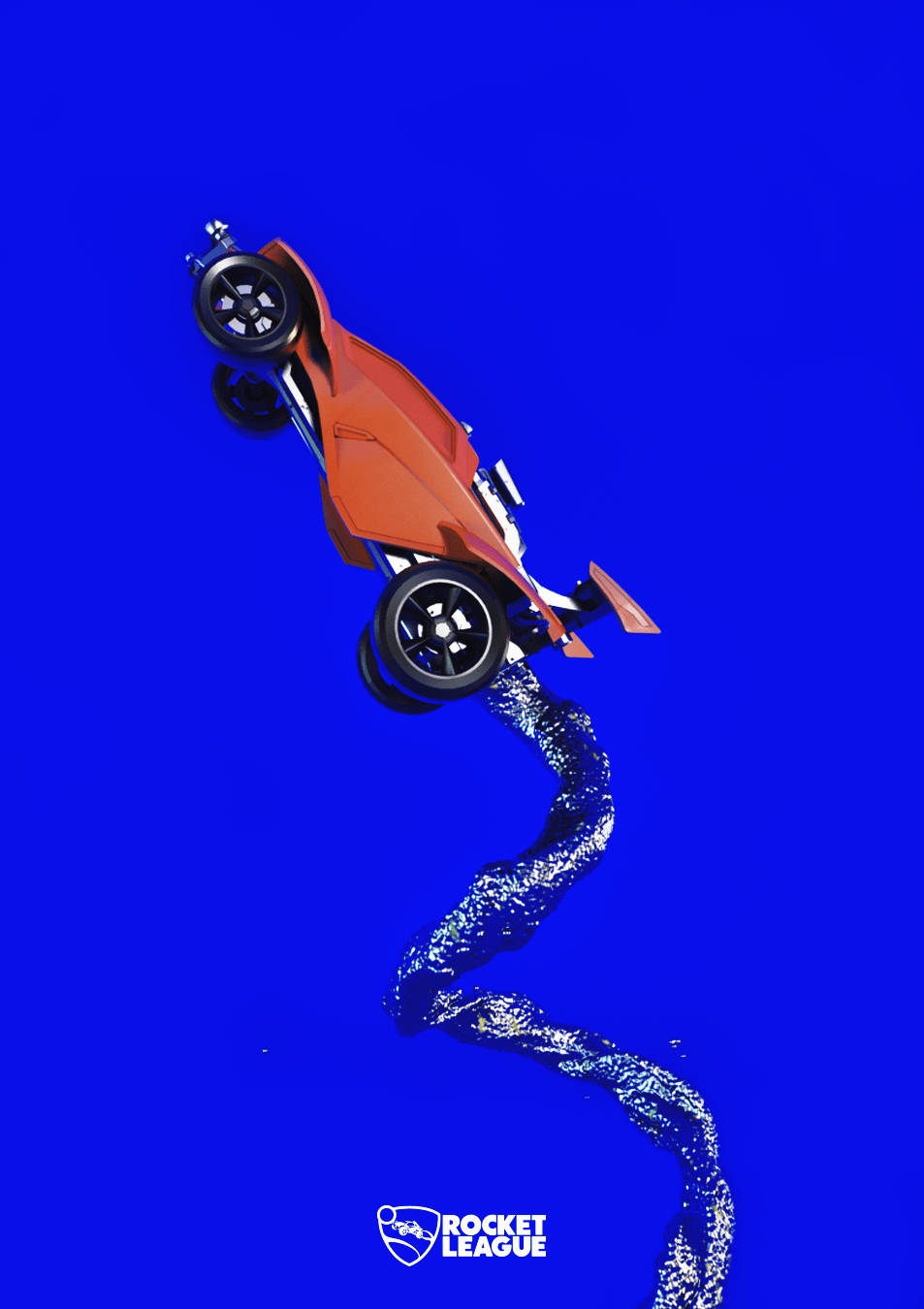 橙色奧坦車 Rocket League iPhone 壁紙 — 一輛充滿活力的橙色汽車在純藍色背景前於空中翻轉，留下一條閃閃發光的運動軌跡。
