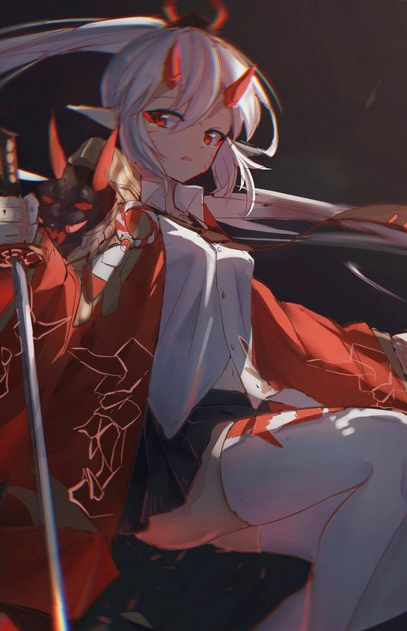 動漫女孩，紅角，持劍，紅白服裝