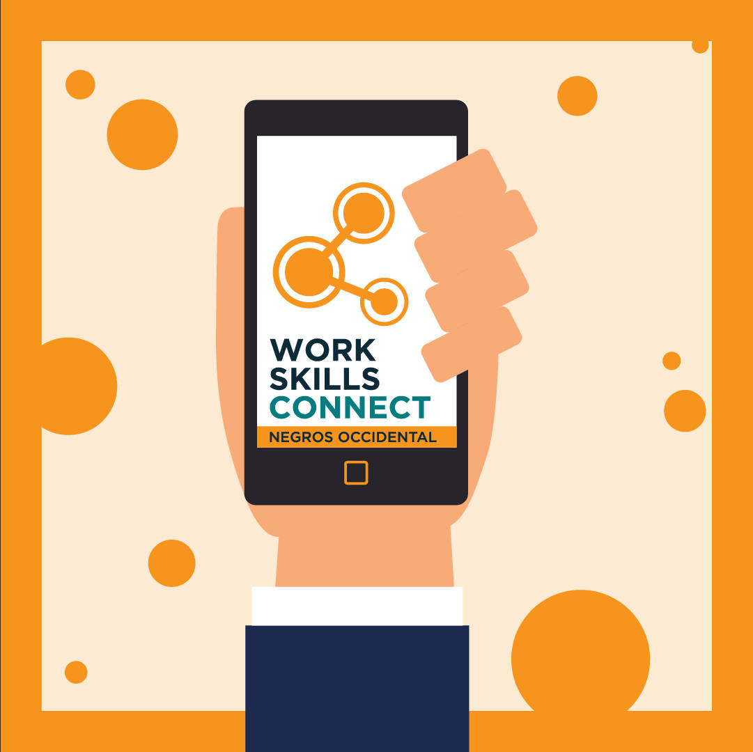 手拿著電話，顯示適用於 Negros Occidental 的 Work Skills Connect 應用程式