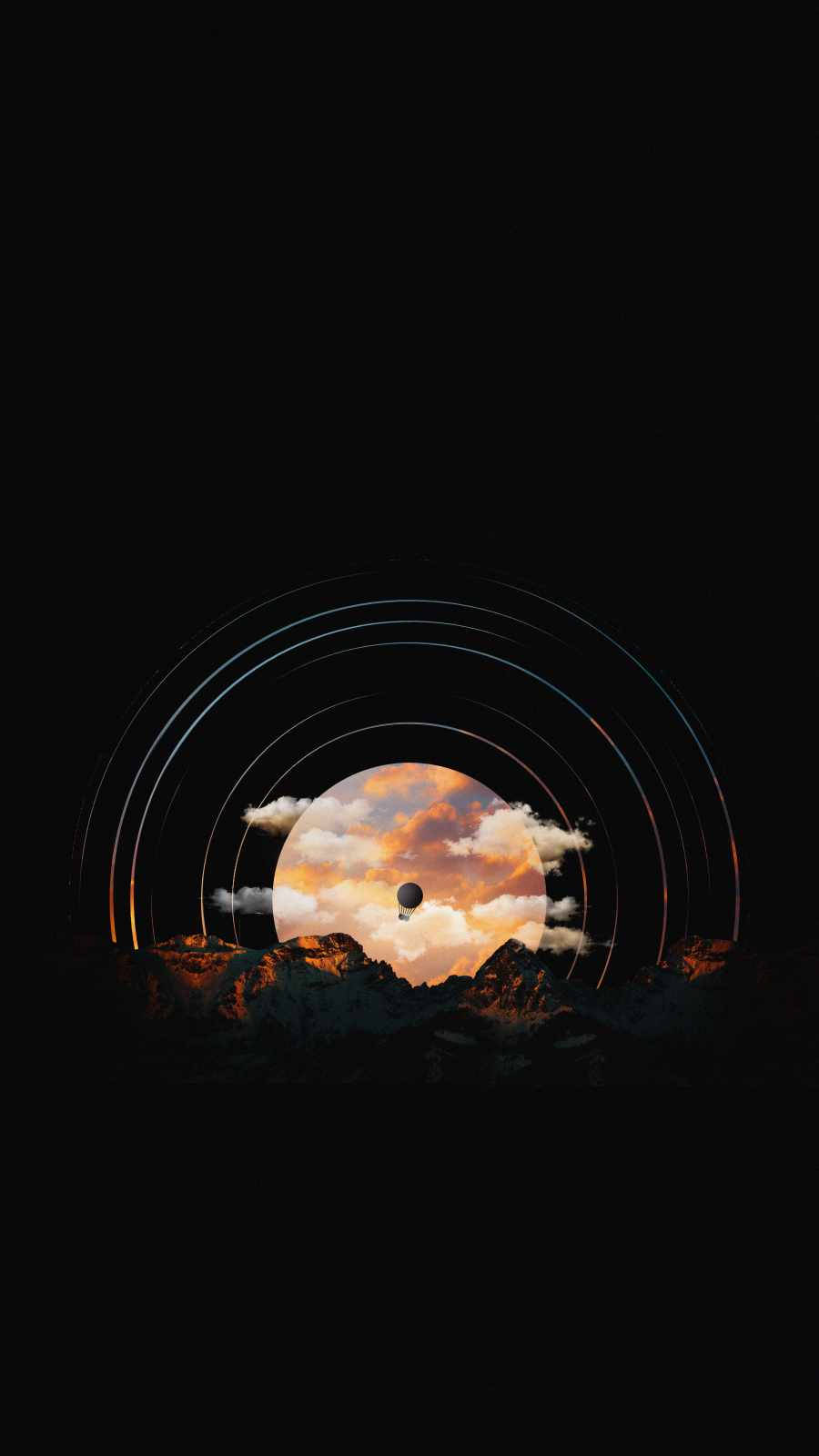 橙色月亮極簡暗黑 iPhone 壁紙 — 超現實的宇宙場景，發光的日落天空被同心環框住，位於鋸齒狀山峰之上。