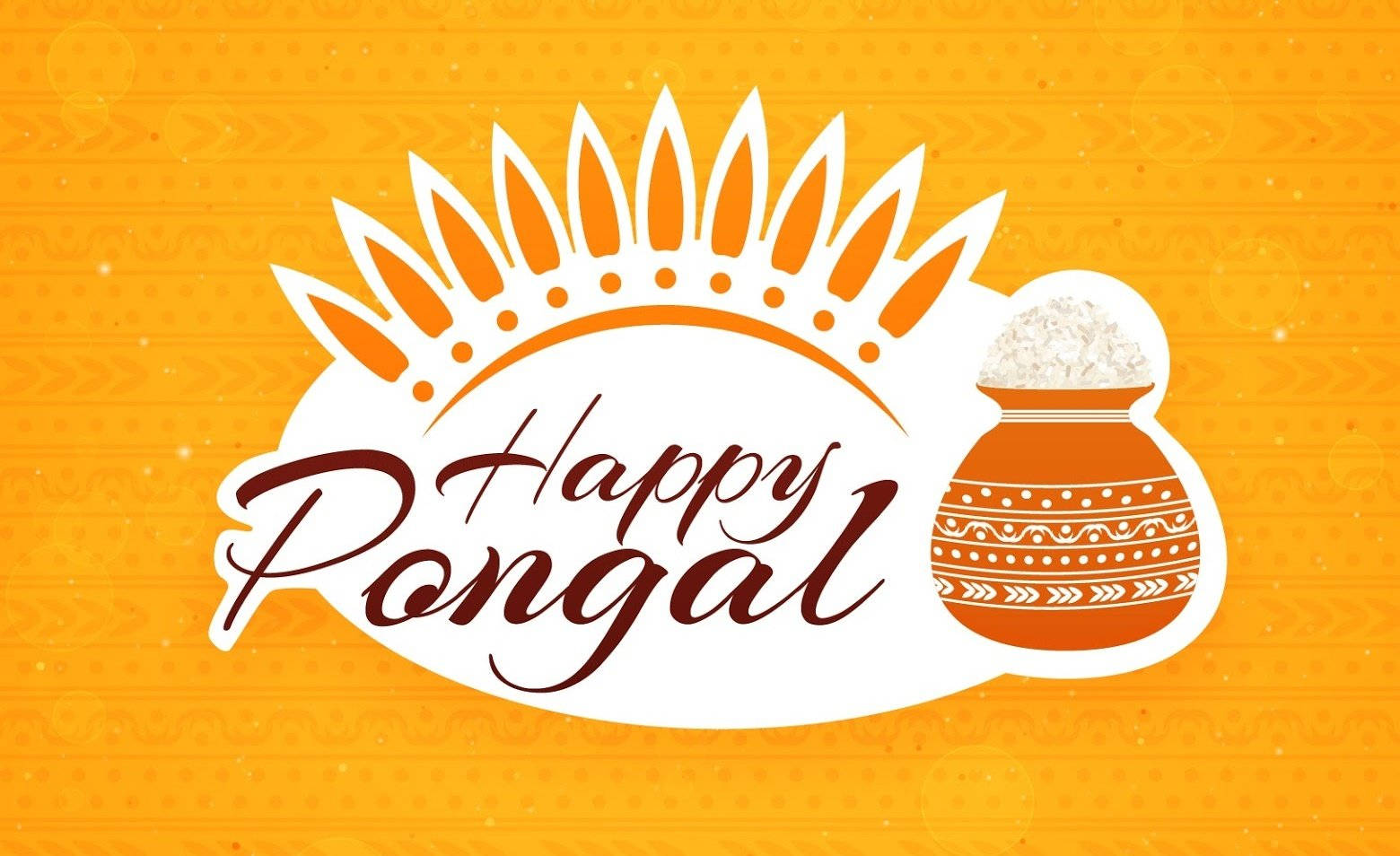 Happy Pongal節日問候，帶有裝飾鍋和陽光設計。