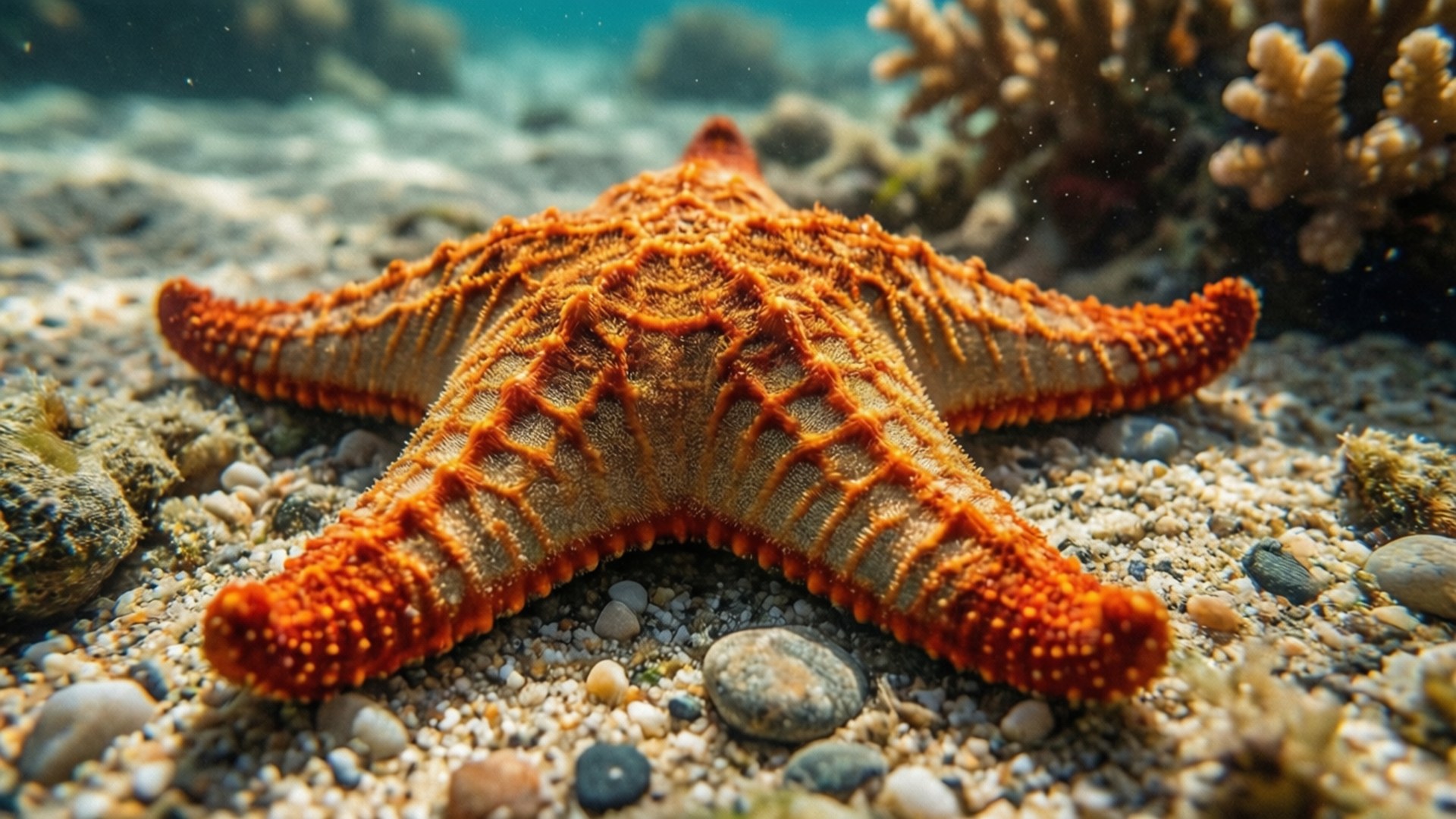 橙色海星特寫 壁紙 — 一隻充滿活力的橙色海星躺在被珊瑚和鵝卵石包圍的沙質海床上。