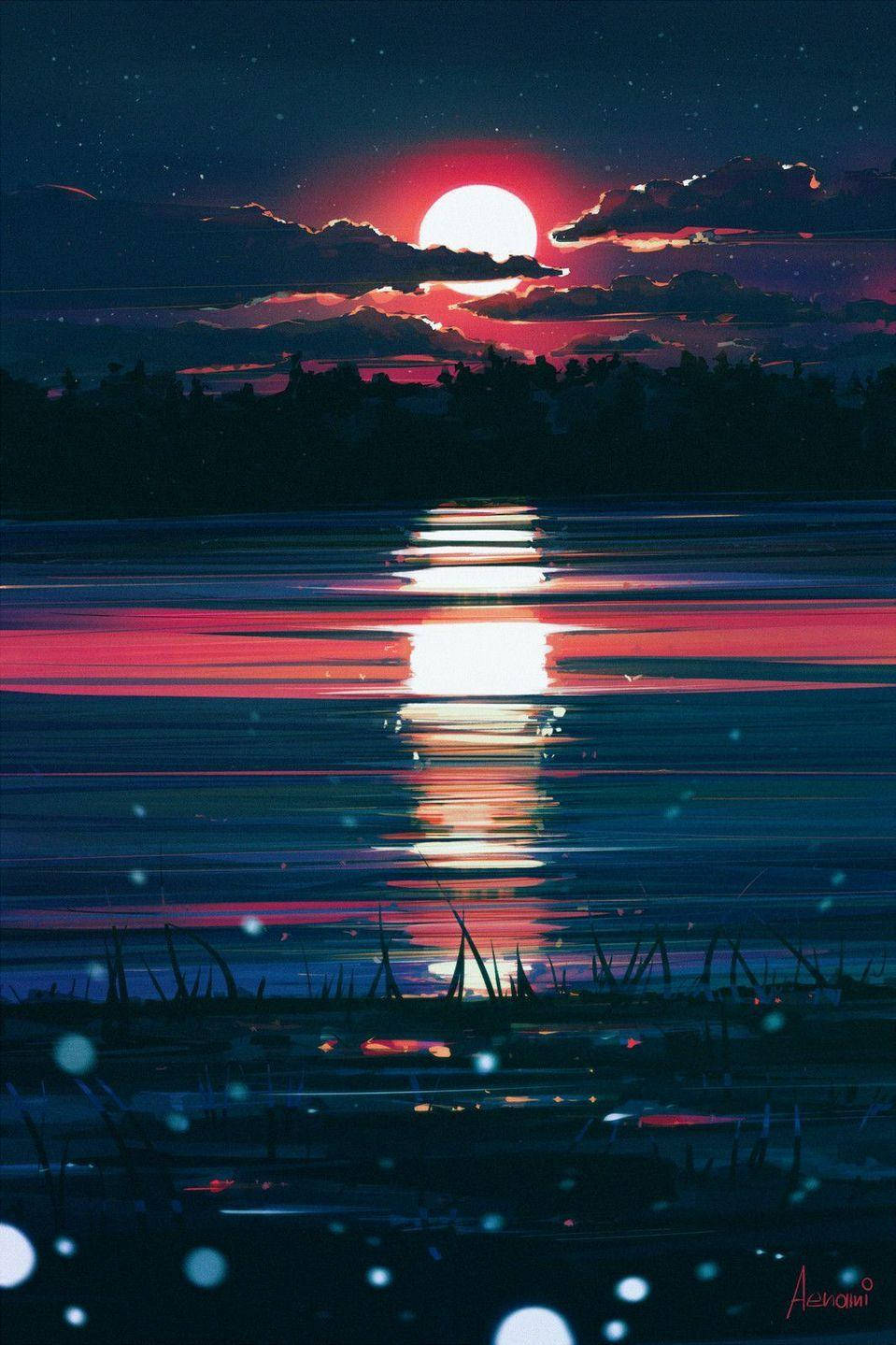 在繁星點點的夜空下，平靜的湖面反射出一輪紅月亮。