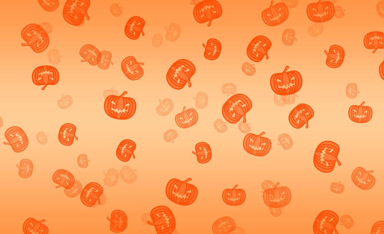 Orange Halloween 桌布 壁紙 — 橙色漸變背景，散落著各種大小和表情的卡通南瓜燈。