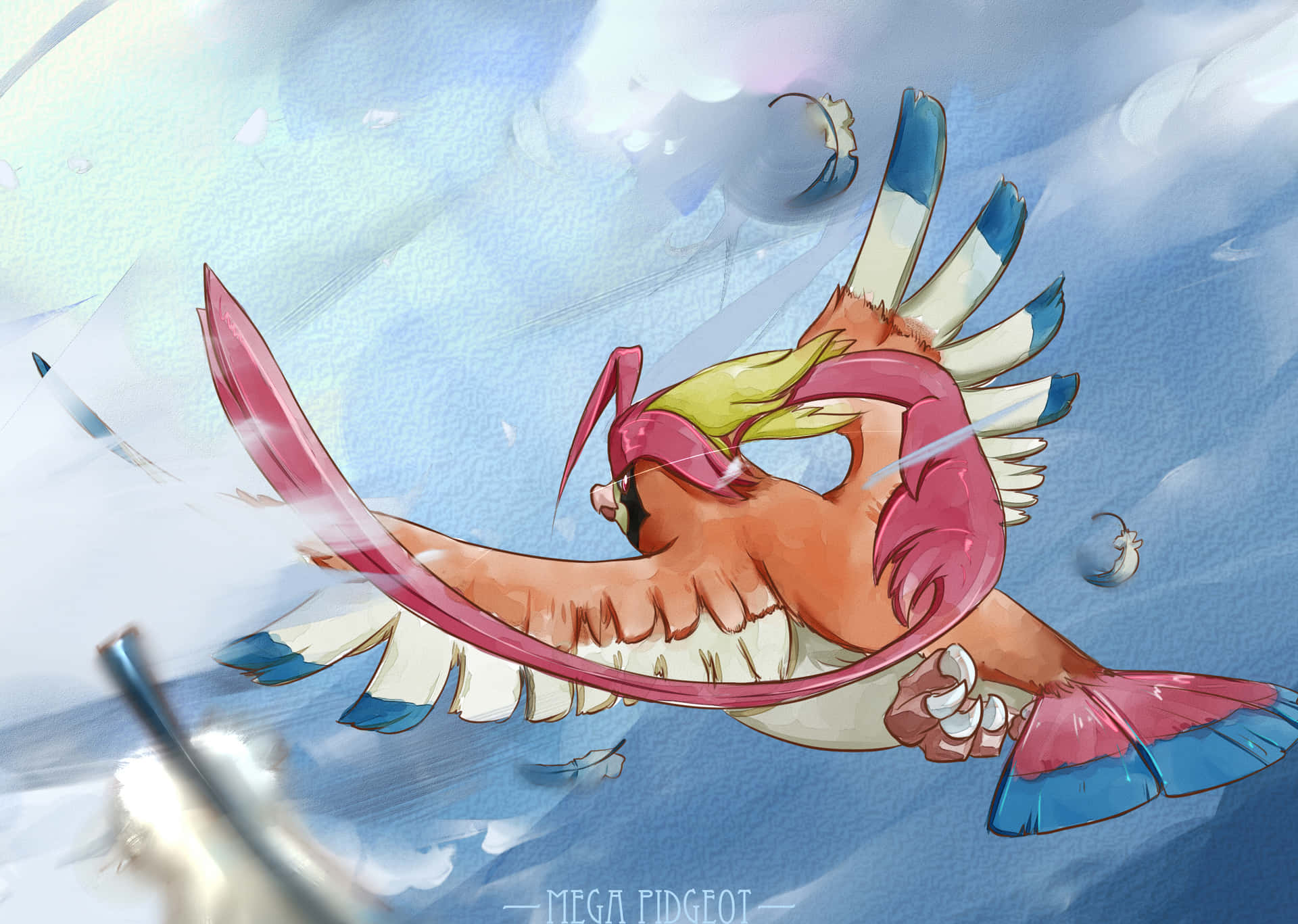 Mega Pidgeot 飛過藍天，帶有動態模糊和漂浮的花瓣。