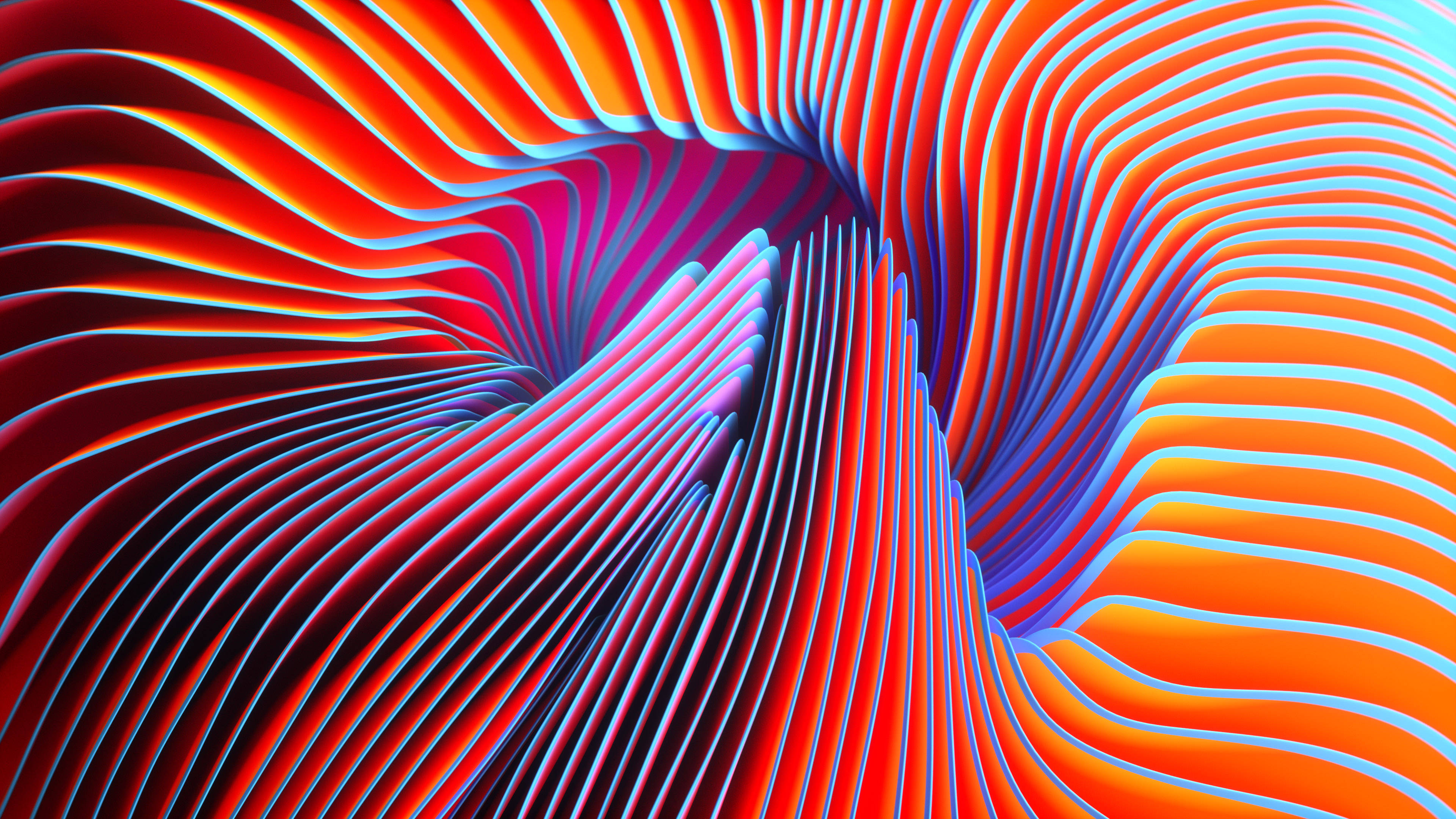 橙色紋理 4D 超高清 壁紙 — 充滿活力的紅色、橙色和藍色抽象波浪在催眠般的數位漩渦中蕩漾。