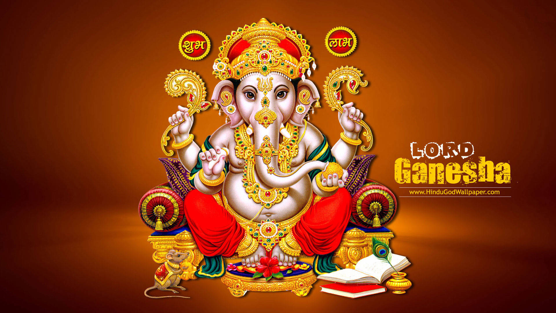 橙色背景中的象頭神甘尼薩 壁紙 — 象神 Lord Ganesha 佩戴金色珠寶和紅色腰布，威嚴地坐在華麗的寶座上，腳邊有一隻老鼠，周圍有神聖的符號。