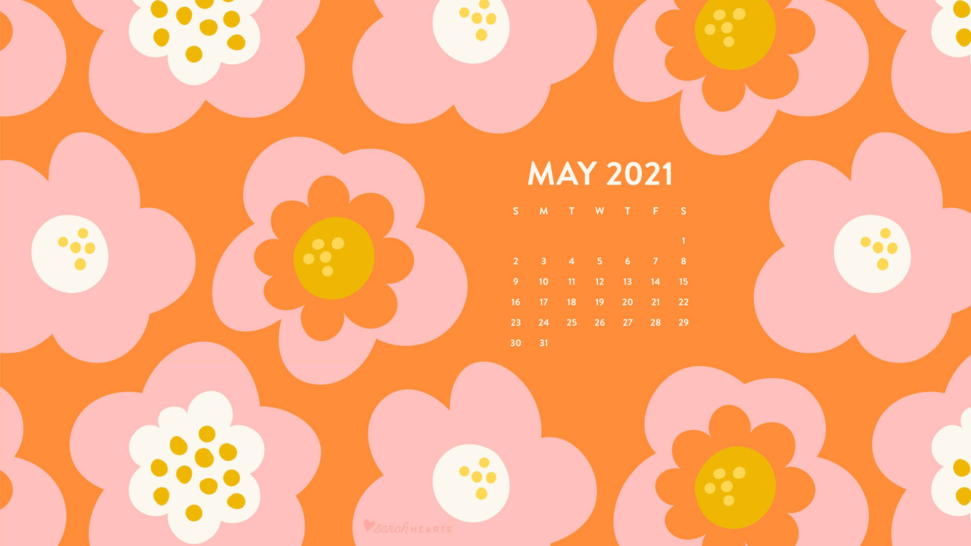 一個花卉日曆，用於2021年5月，在橙色背景上帶有粉紅色和白色花朵。