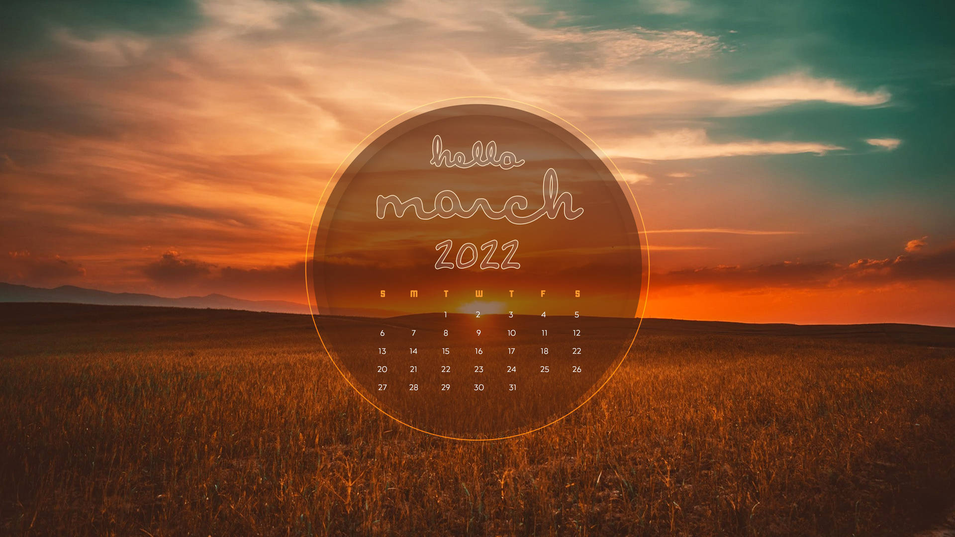 一個發光的2022年3月日曆漂浮在日落時分的金色田野上方。
