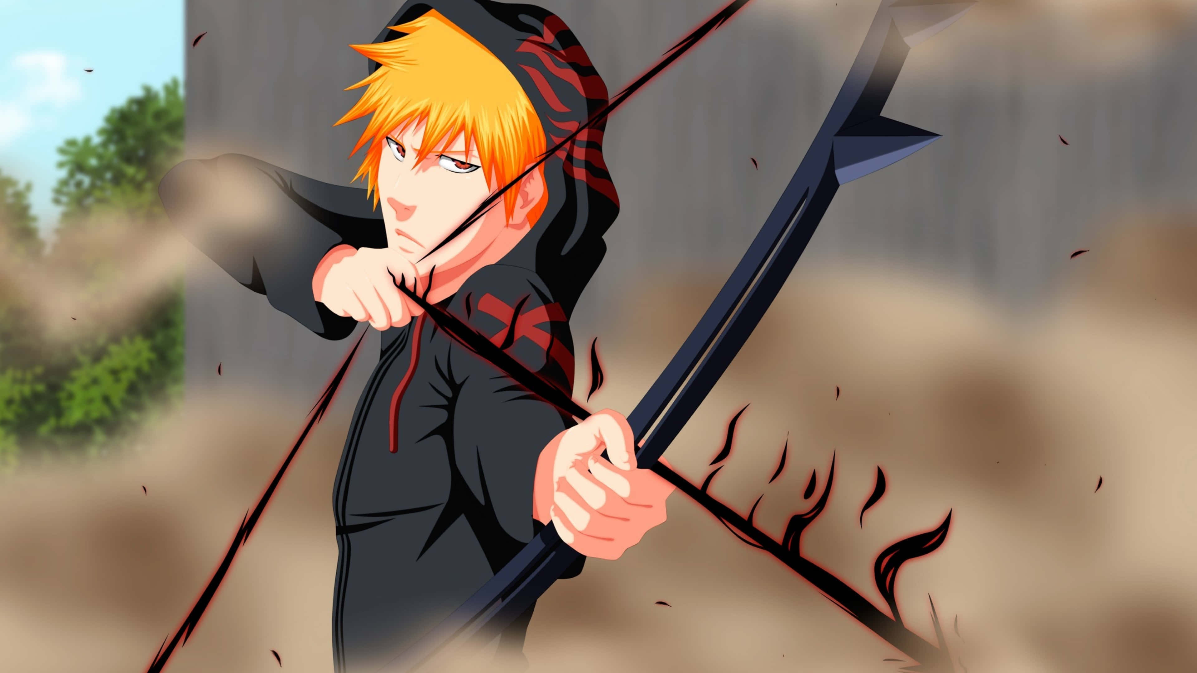 Ichigo 4K 桌布 壁紙 — 橙色頭髮的動漫角色在塵土飛揚的戶外環境中拉開火焰弓。