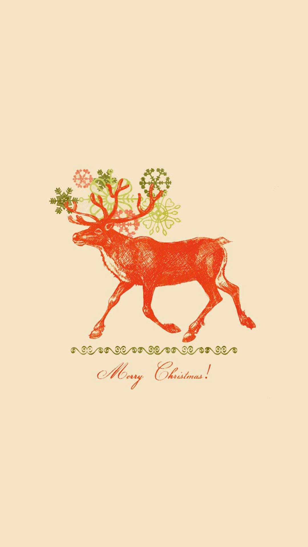 橙色馴鹿聖誕 iPhone 壁紙 — 一隻風格化的橙色馴鹿，帶有雪花鹿角，在奶油色背景上邁步，下方有節日「聖誕快樂！」的祝福語。