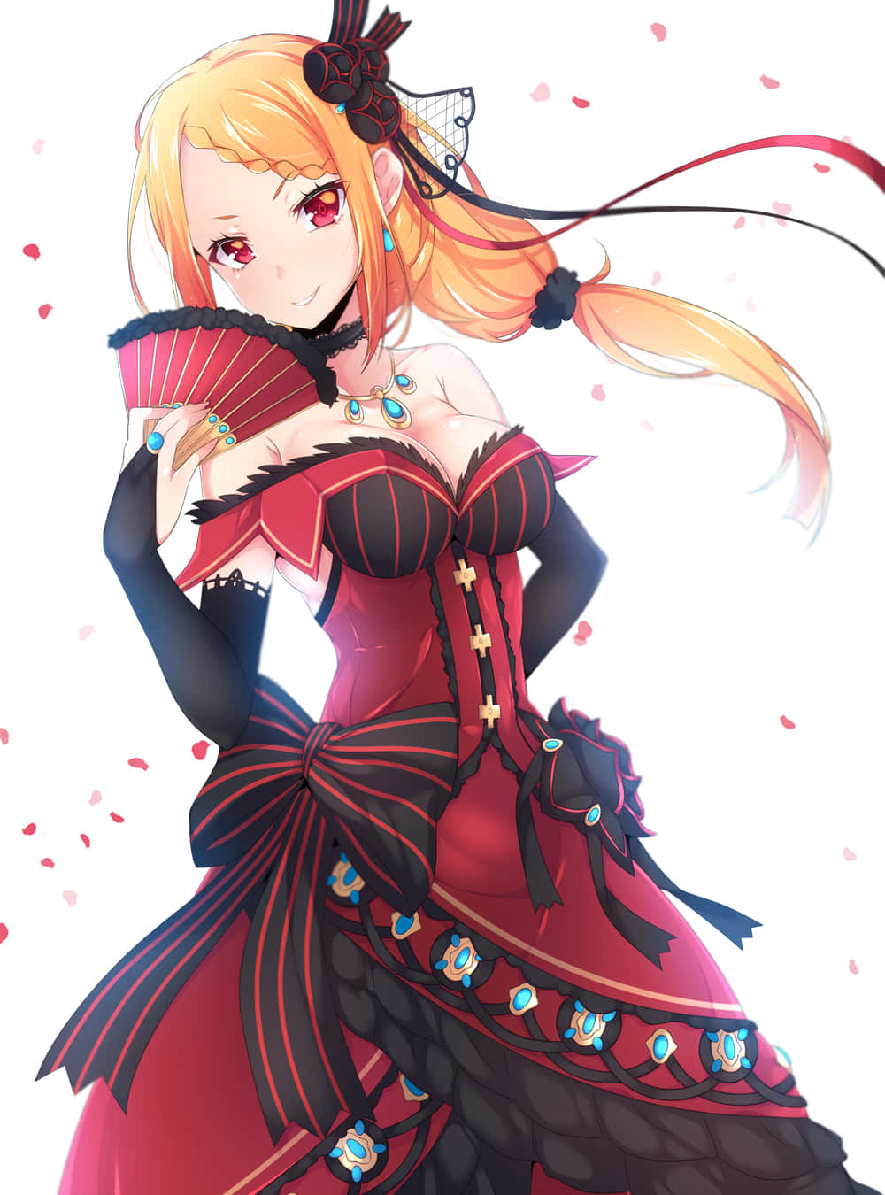 Priscilla Barielle 桌布 壁紙 — 橙髮紅眼的動漫女孩穿著紅黑維多利亞風格連衣裙，手持扇子，花瓣在她周圍飄落。