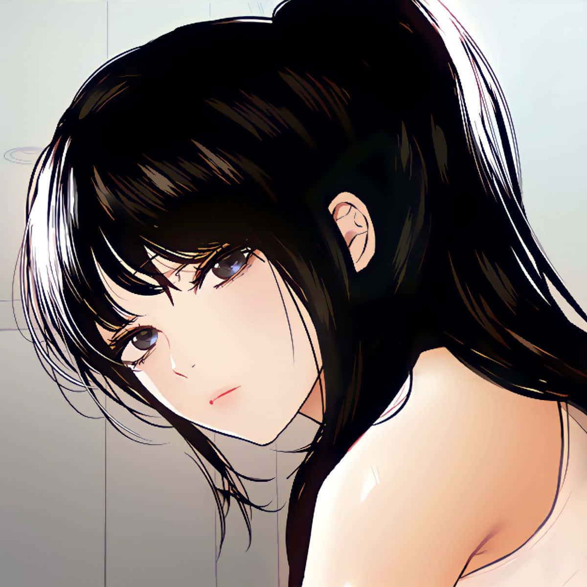 深色頭髮和藍色眼睛的動漫女孩，帶著柔和腮紅向下看。