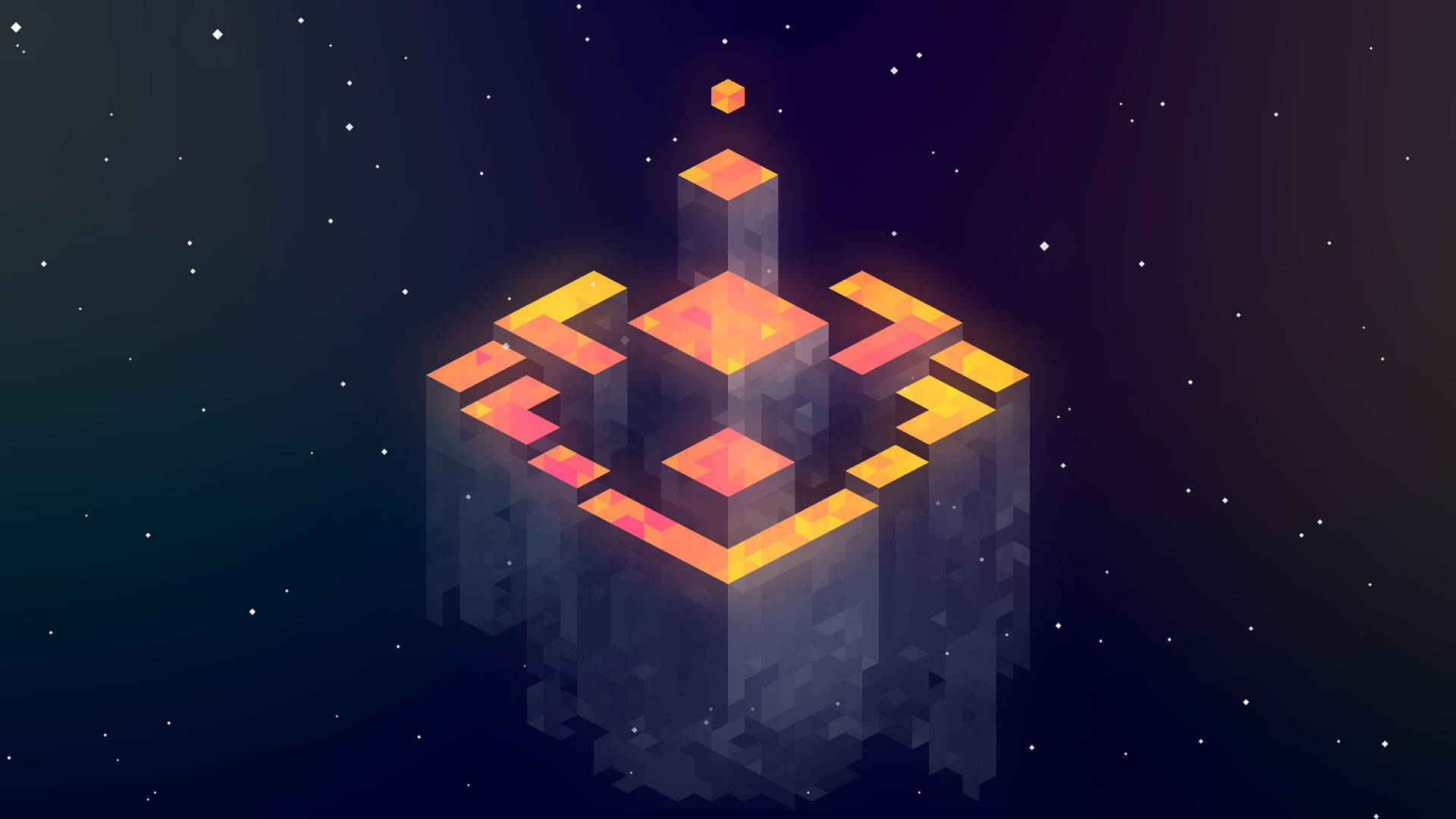 發光的橙色幾何立方體結構漂浮在星空之中