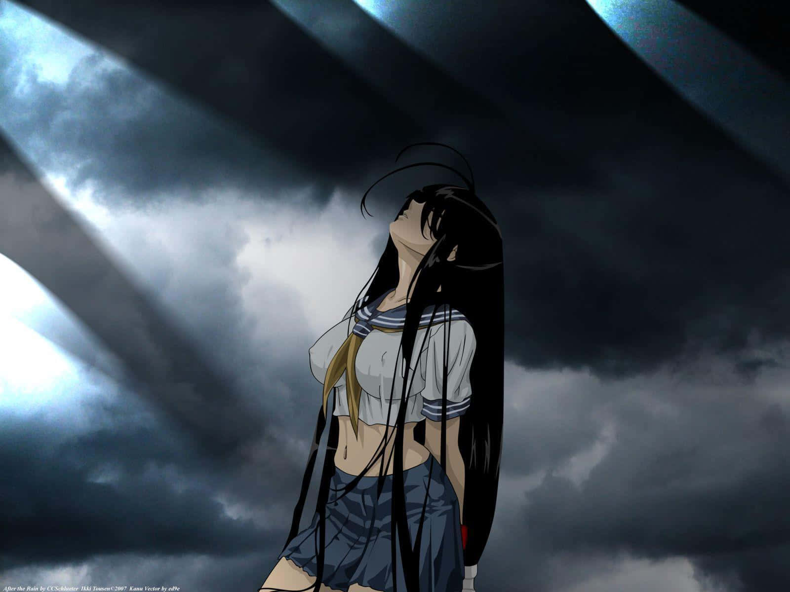 動漫女孩穿水手服在暴風雨天空下，有光線。