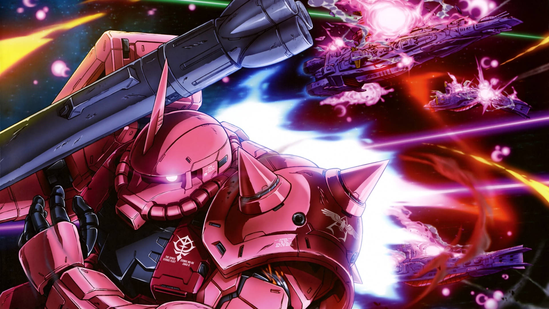 《機動戰士鋼彈》攜帶火箭 壁紙 — 一部紅色機動戰士在充滿活力的宇宙戰鬥場景中向敵艦發射巨大的光束炮。