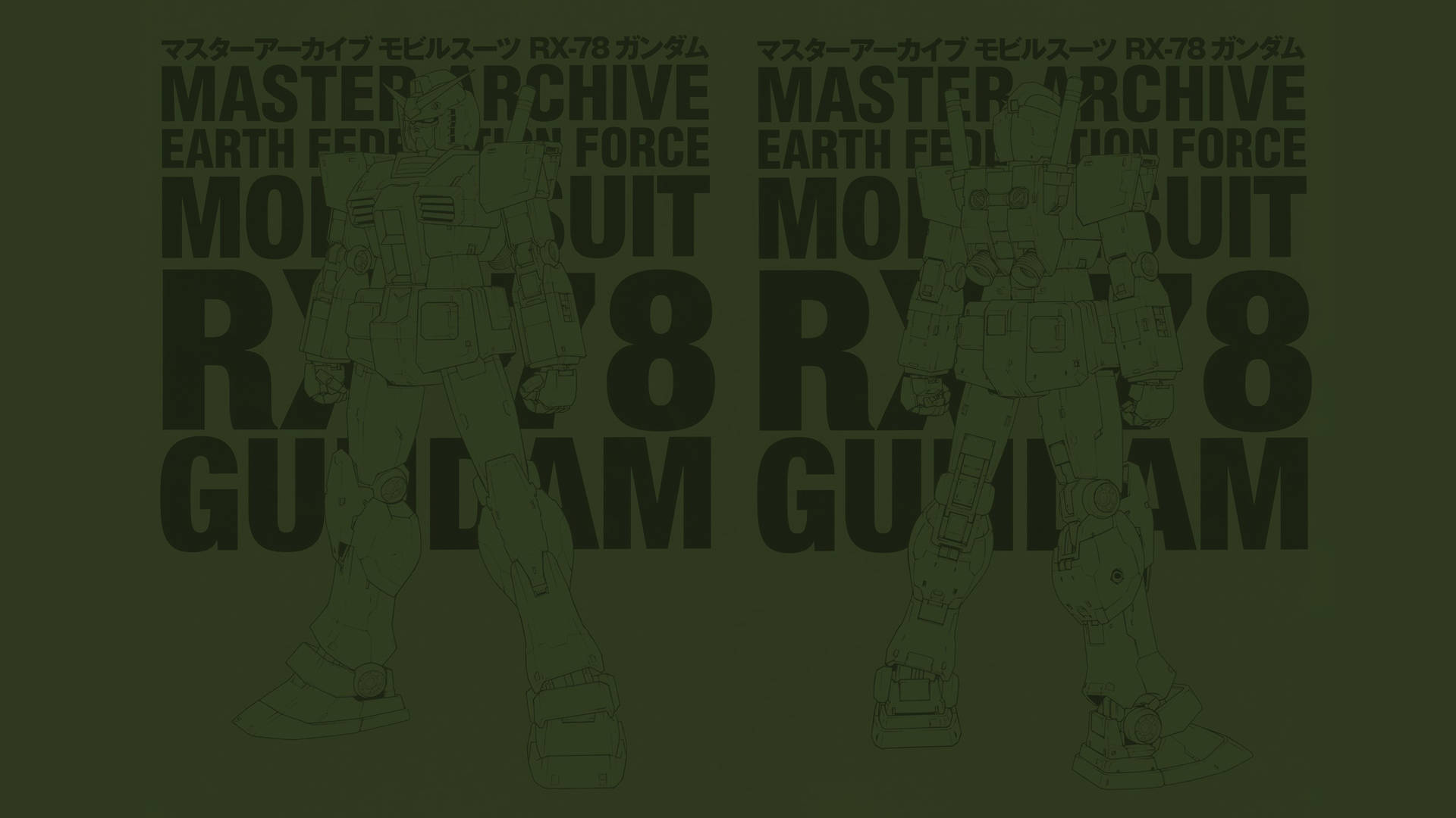 《機動戰士鋼彈》經典戰鬥場景 壁紙 — 兩個 RX-78 高達機械人以綠色勾勒輪廓，置於深橄欖色背景上，並帶有粗體文字疊加。