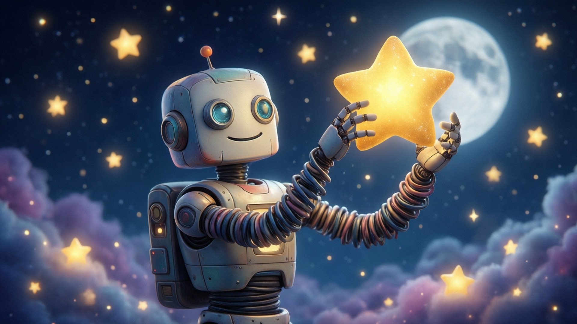 一個友善的機械人在月光下抱著一顆發光的星星。
