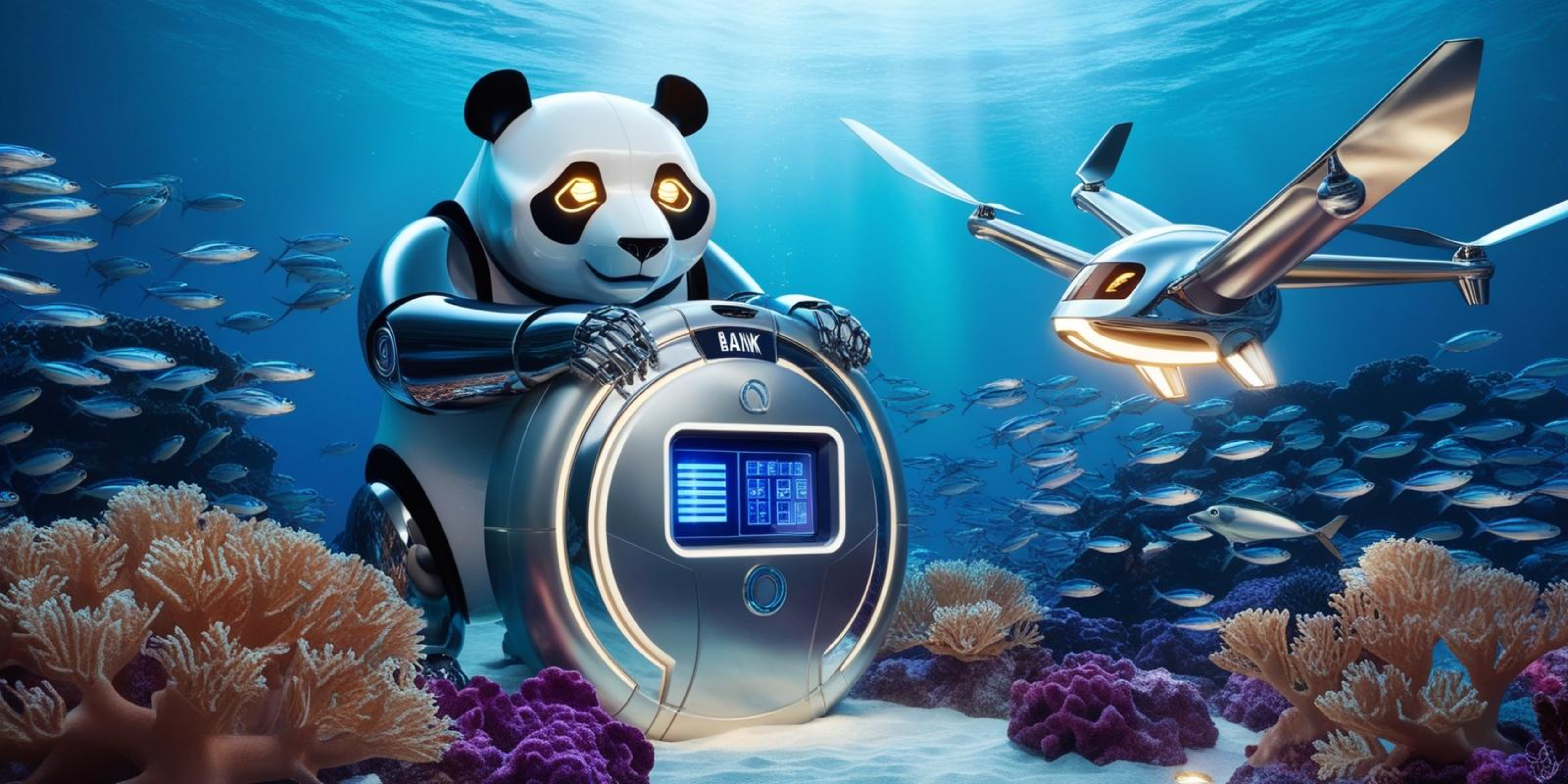 機器人潛水與魚群共處 壁紙 — 一隻發光眼睛的機械熊貓守衛著未來主義的水下銀行金庫，一架無人機在附近的珊瑚和魚群中飛翔。