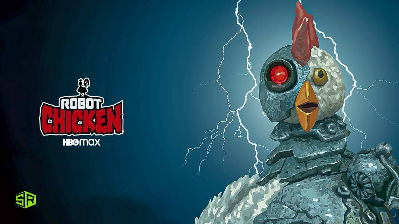 《機器雞》在HBO Max的喜劇冒險海報 壁紙 — 一隻機械雞，有著發光的紅色眼睛，閃電在其裝甲頭部周圍劈啪作響，背景為深藍色。