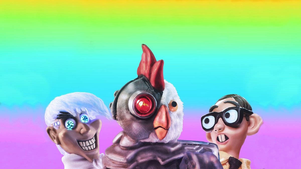 機器雞與LGBT旗幟 壁紙 — 三個卡通風格的角色帶著誇張的表情，站在充滿活力的彩虹漸變背景前。