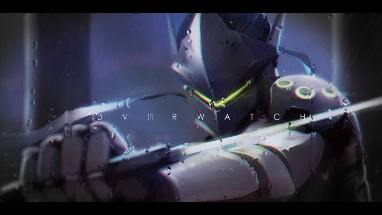 雨中嘅Overwatch角色，帶有發光綠色點綴同深色盔甲。