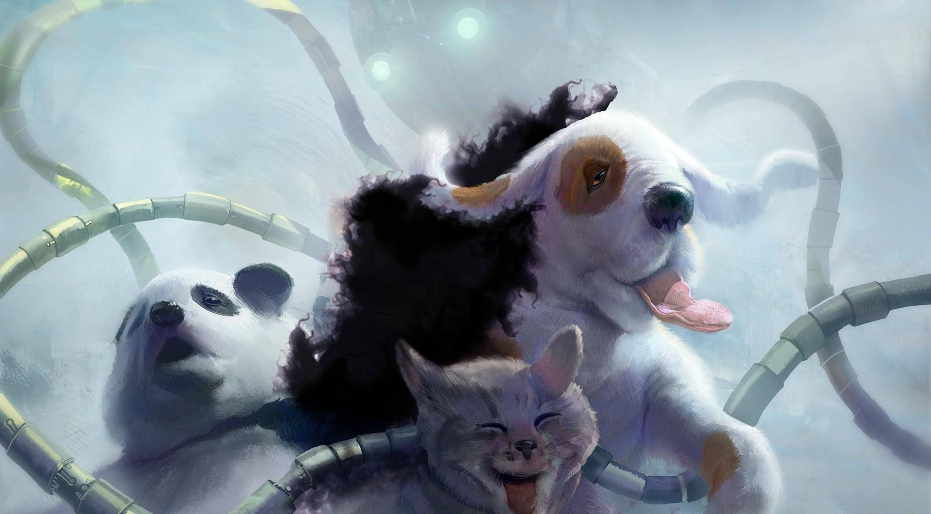 三隻快樂的動物漂浮在充滿發光管道的夢幻空間中。