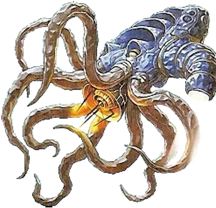 機械章魚敵人 壁紙 — 一隻帶有裝甲藍色頭部和發光橙色核心的威脅性插圖章魚，周圍環繞著扭動的棕色觸手。