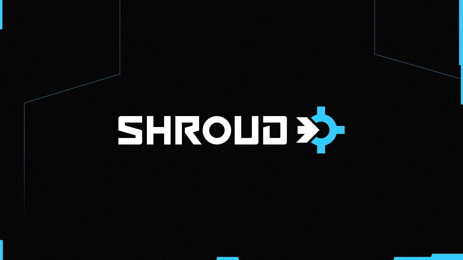 Shroud 遊戲標誌，黑色背景上帶有藍色箭頭和發光藍色線條。