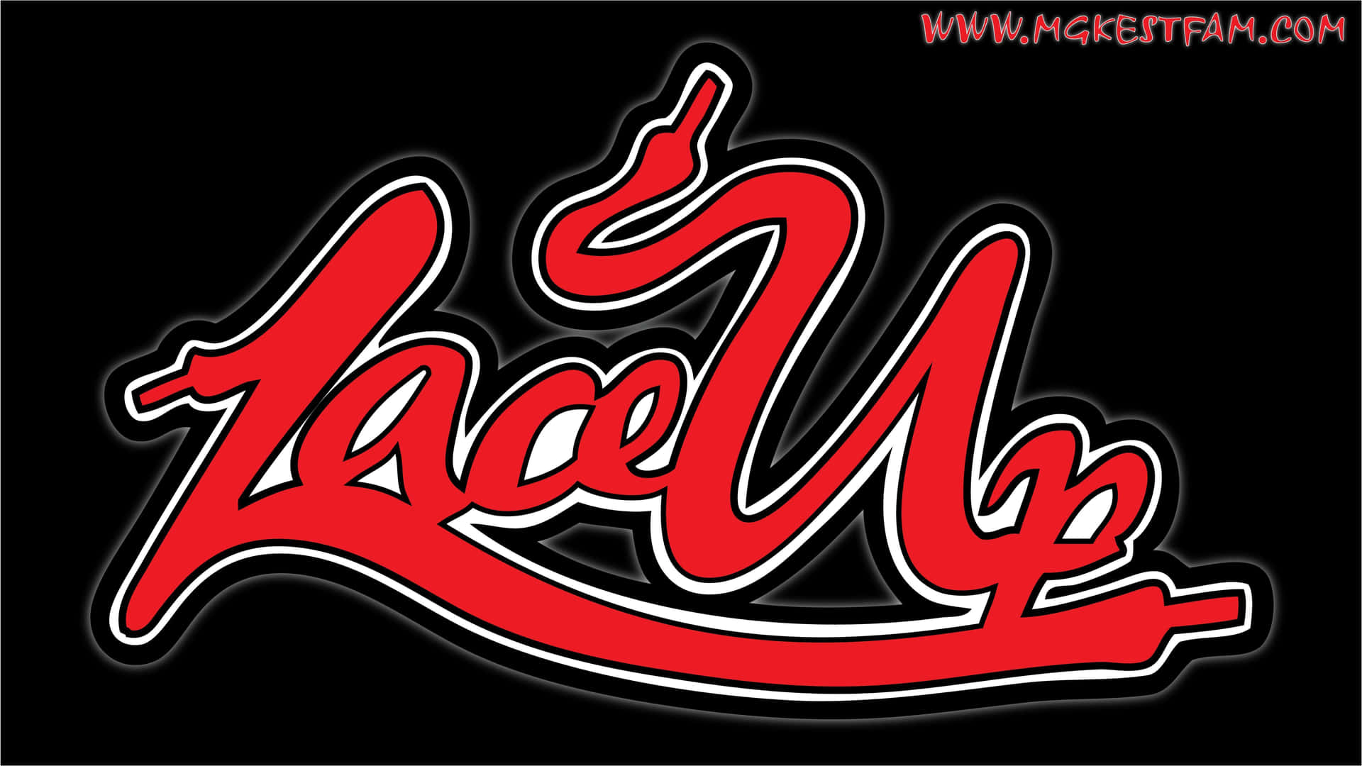 黑色背景上帶白色輪廓的紅色 'Lace Up' 標誌